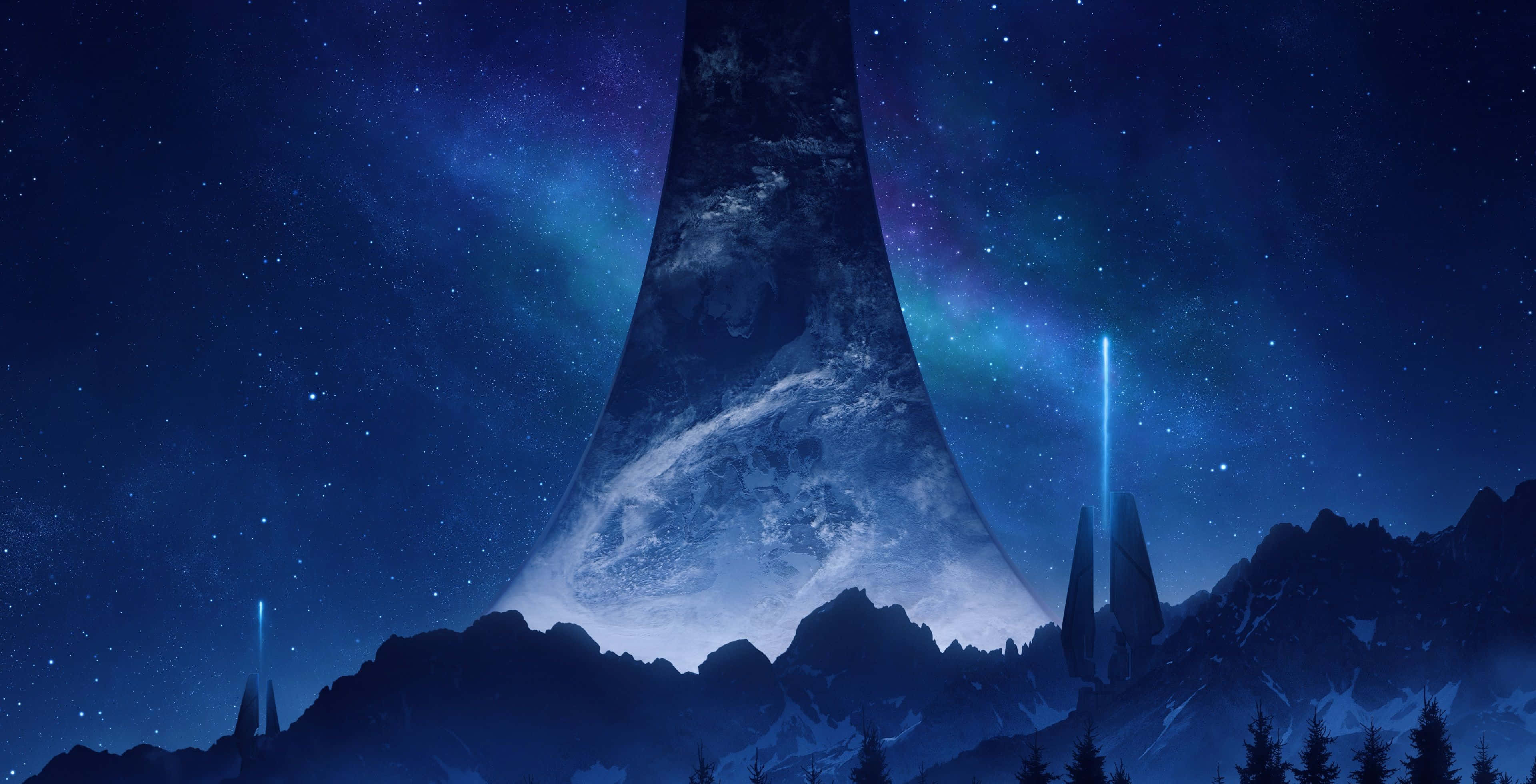 Halo Ring, snow-capped mountains, starry cosmic sky, 4K Desktop Wallpaper