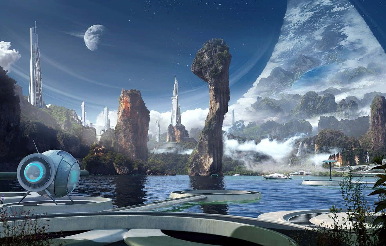 Halo Ring, futuristic cityscape, floating platforms, HD Desktop Wallpaper