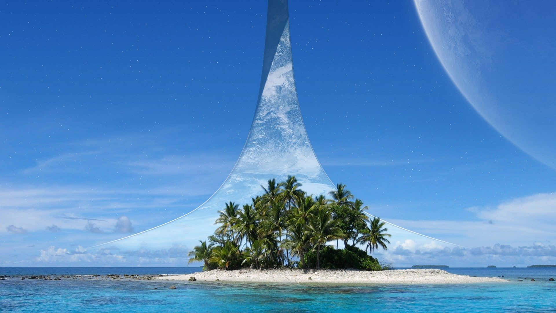 Halo Ring, tropical island, palm trees, Full HD Desktop Wallpaper