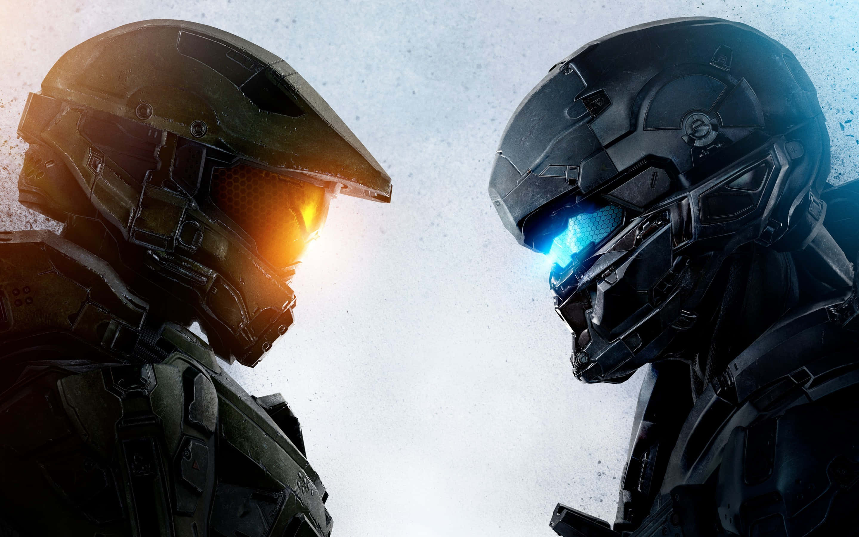 Halo Spartans, futuristic helmets, glowing orange and blue visors, 2K Desktop Wallpaper