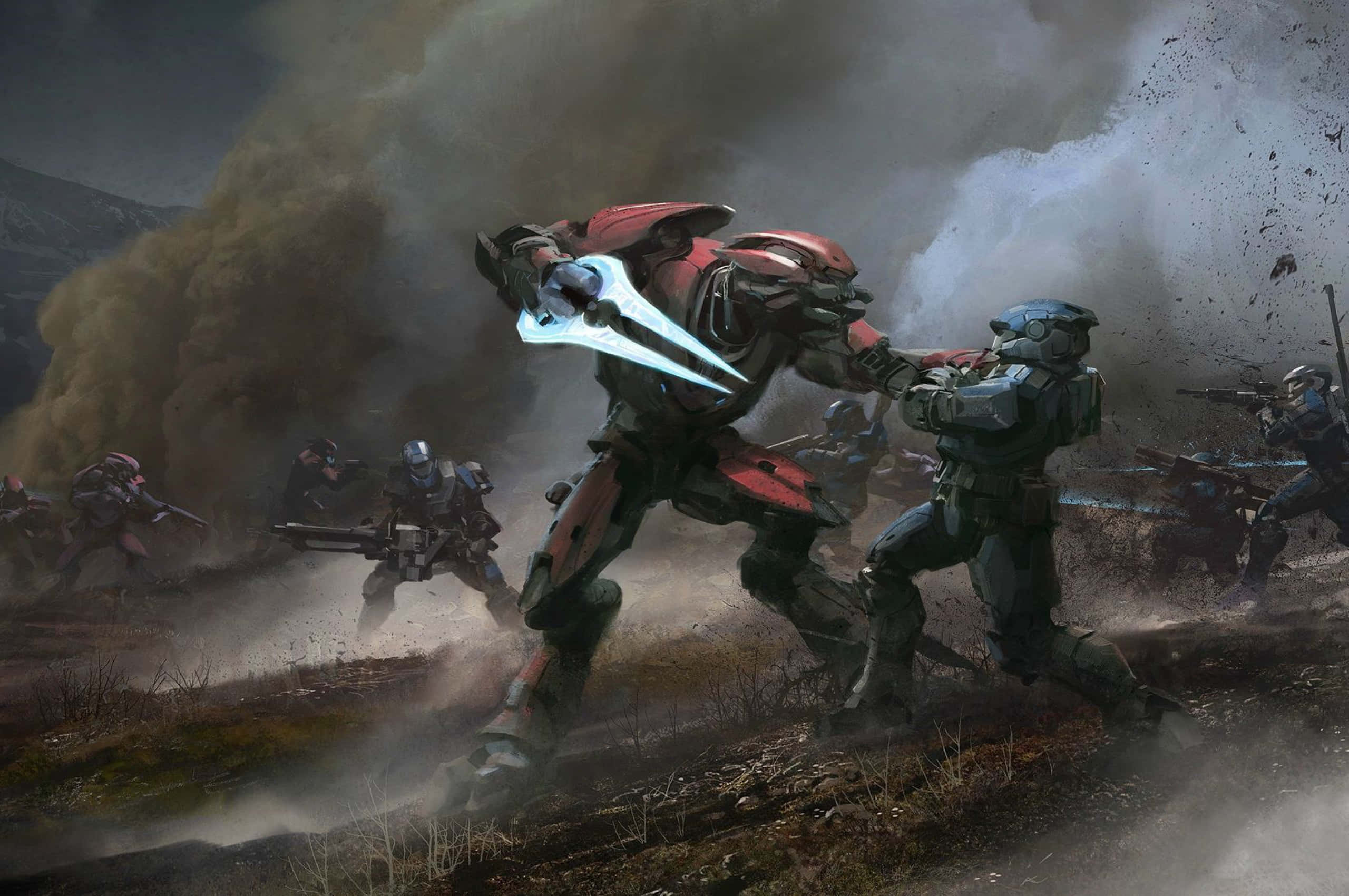 Halo Spartans, red armored warrior, glowing sword, 2K Desktop Wallpaper