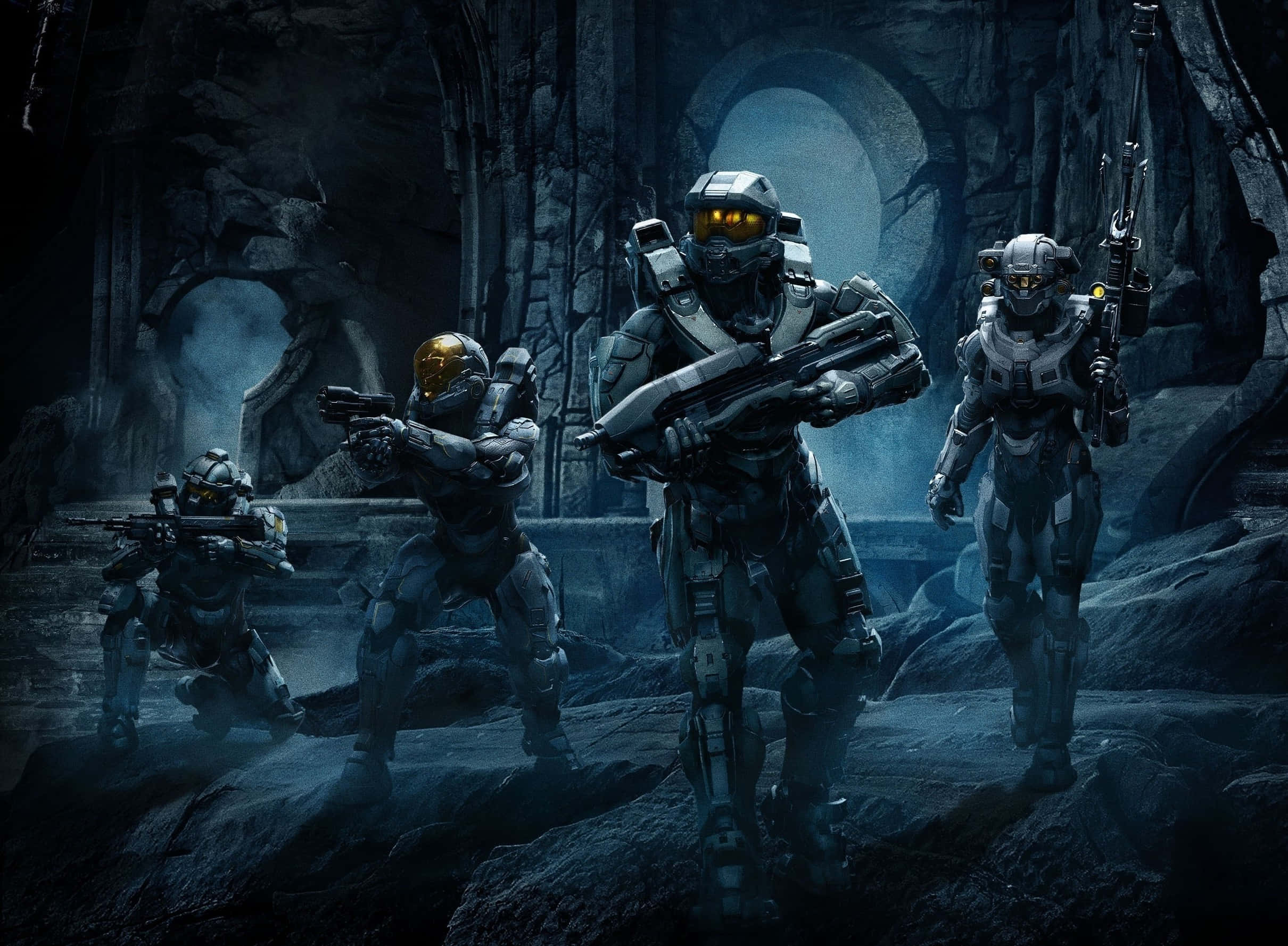 Halo Spartans, glowing visors, misty ancient ruin, Full HD Desktop Wallpaper