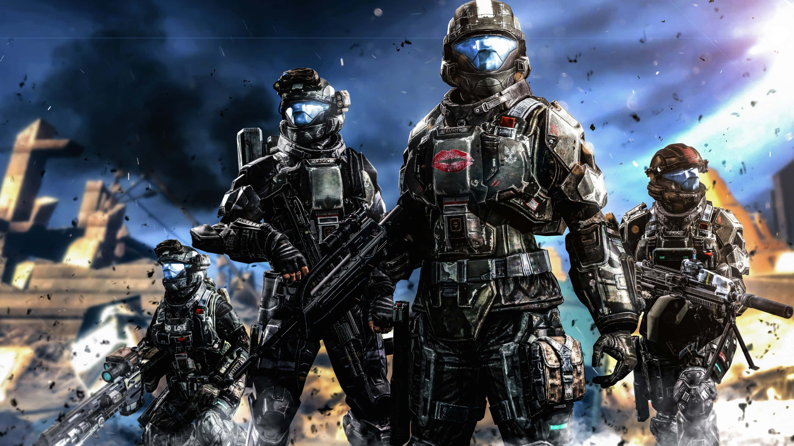 Halo Spartans, war-torn urban battlefield, smoke, 2K Desktop Wallpaper