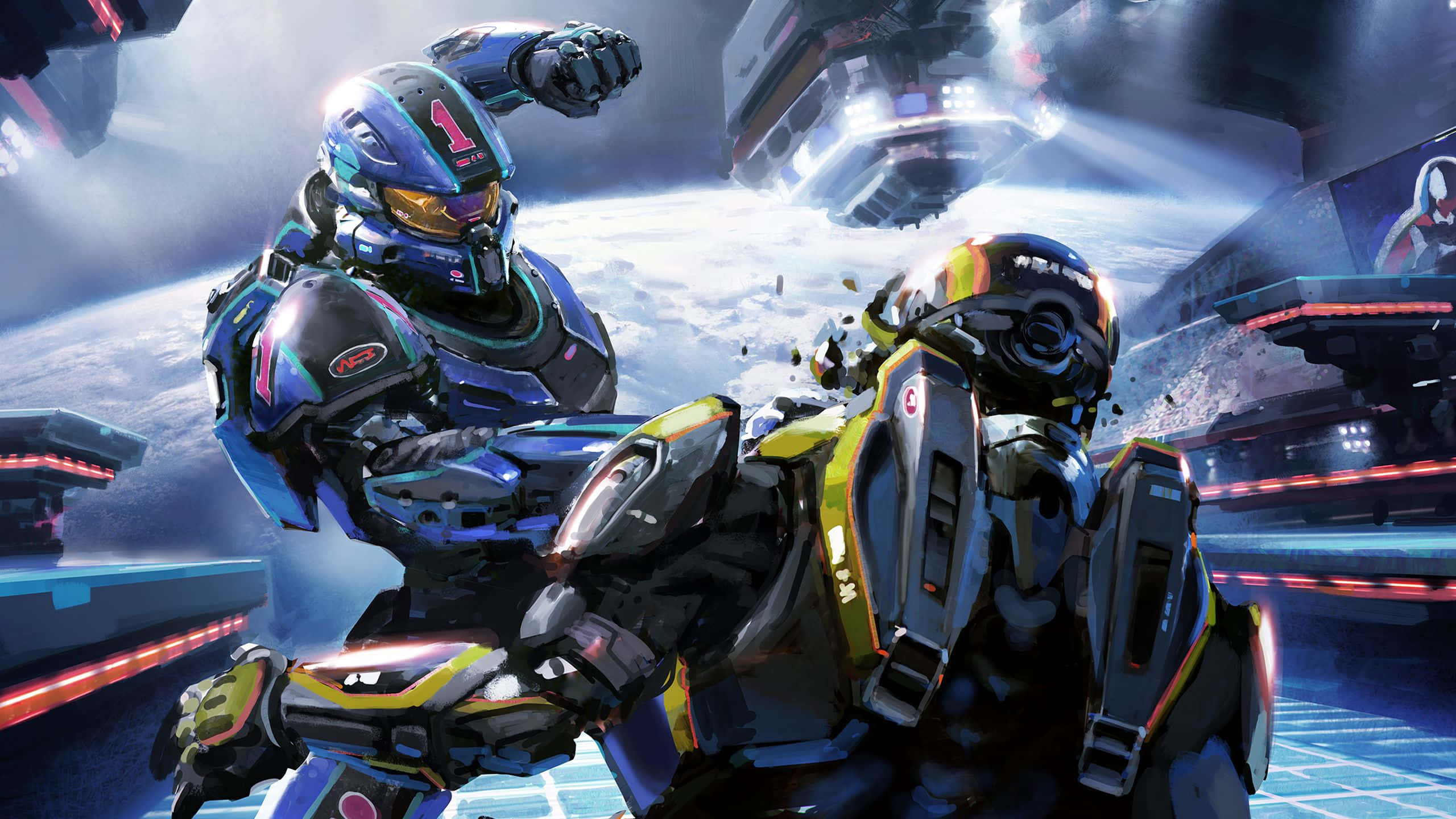 Halo Spartans, futuristic arena, glowing neon lights, 2K Desktop Wallpaper