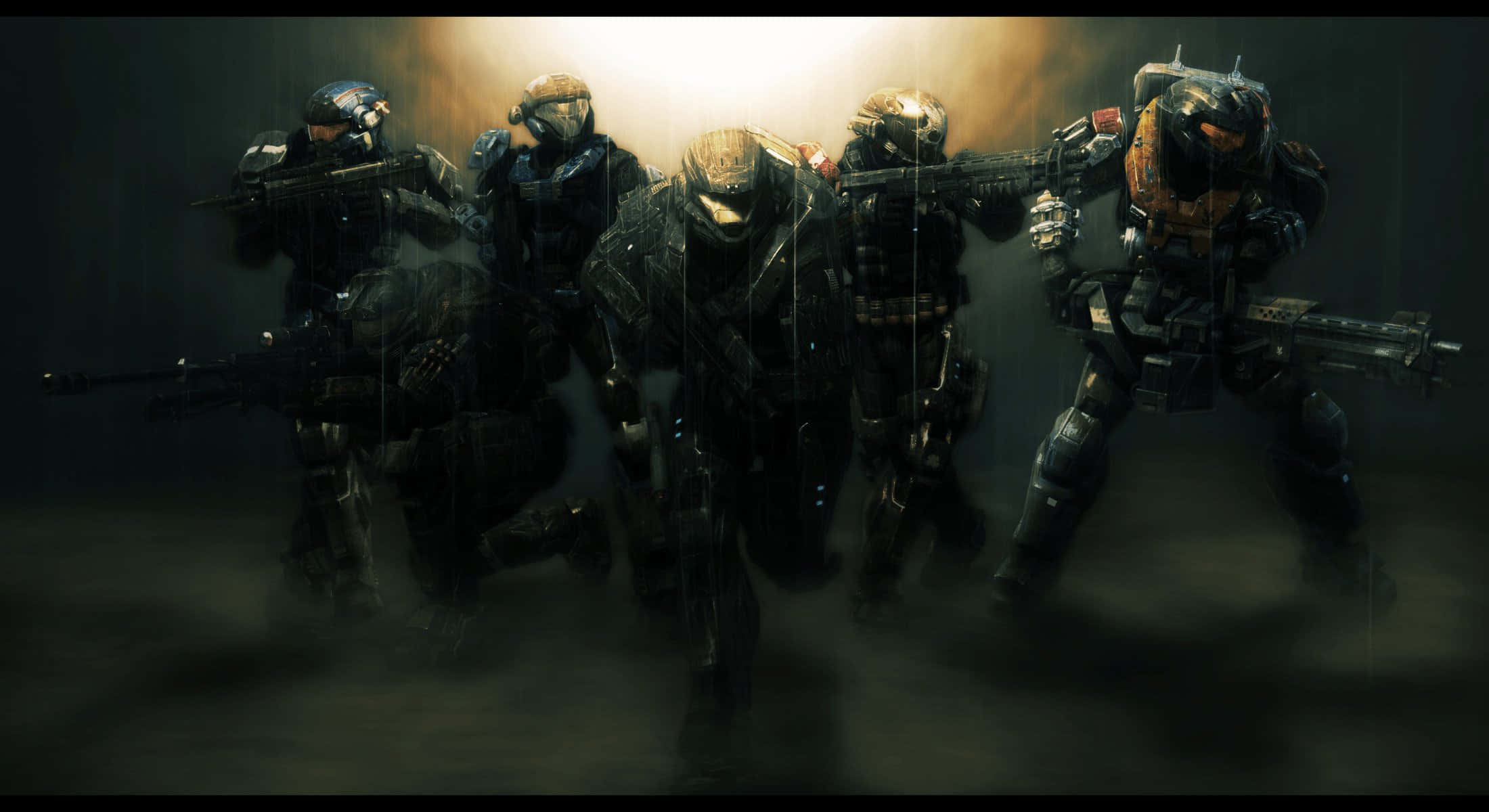Halo Spartans, futuristic gear, rain, Full HD Desktop Wallpaper