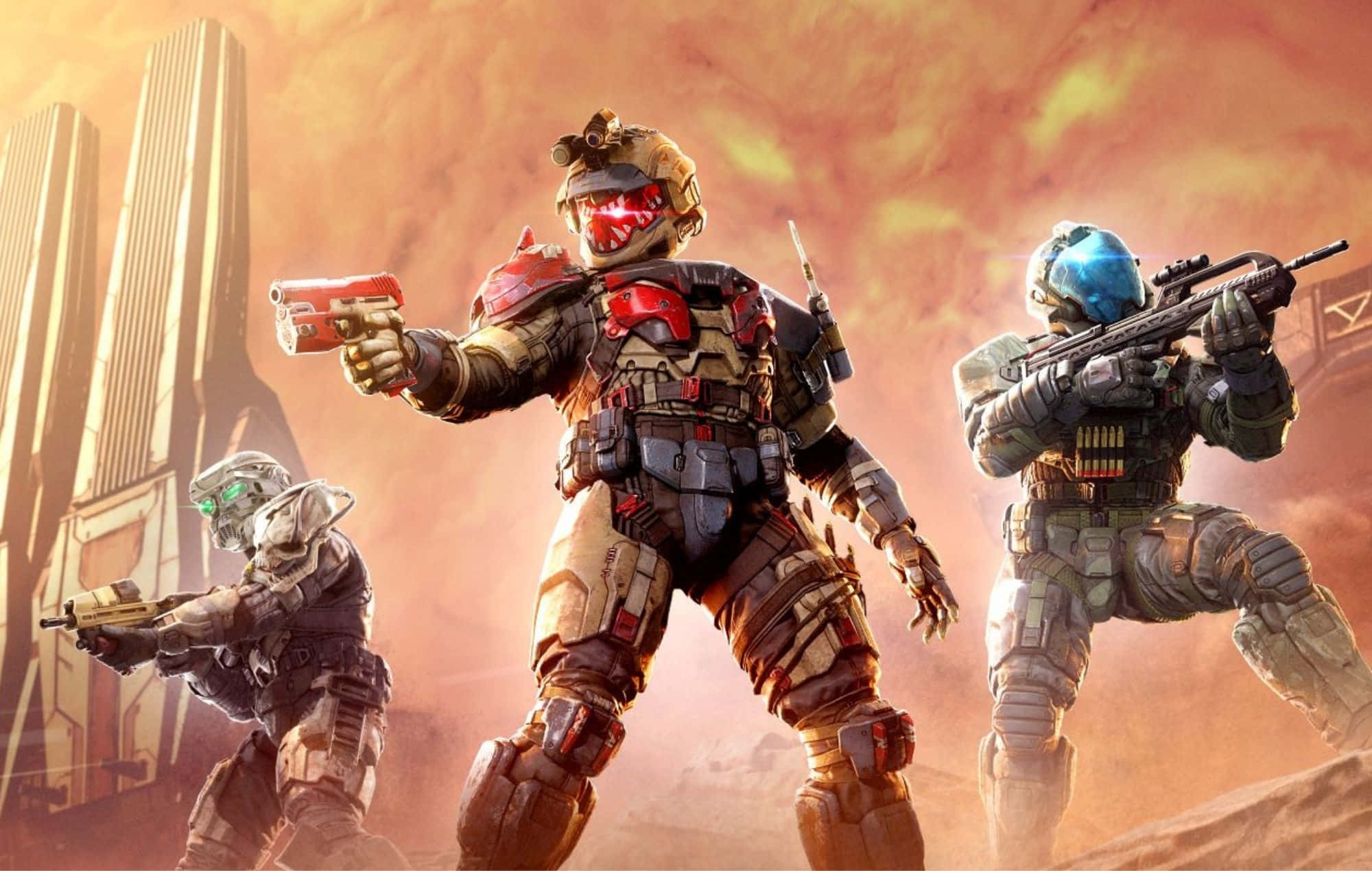 Halo Spartans, futuristic gear, firey orange alien cityscape, Full HD Desktop Wallpaper