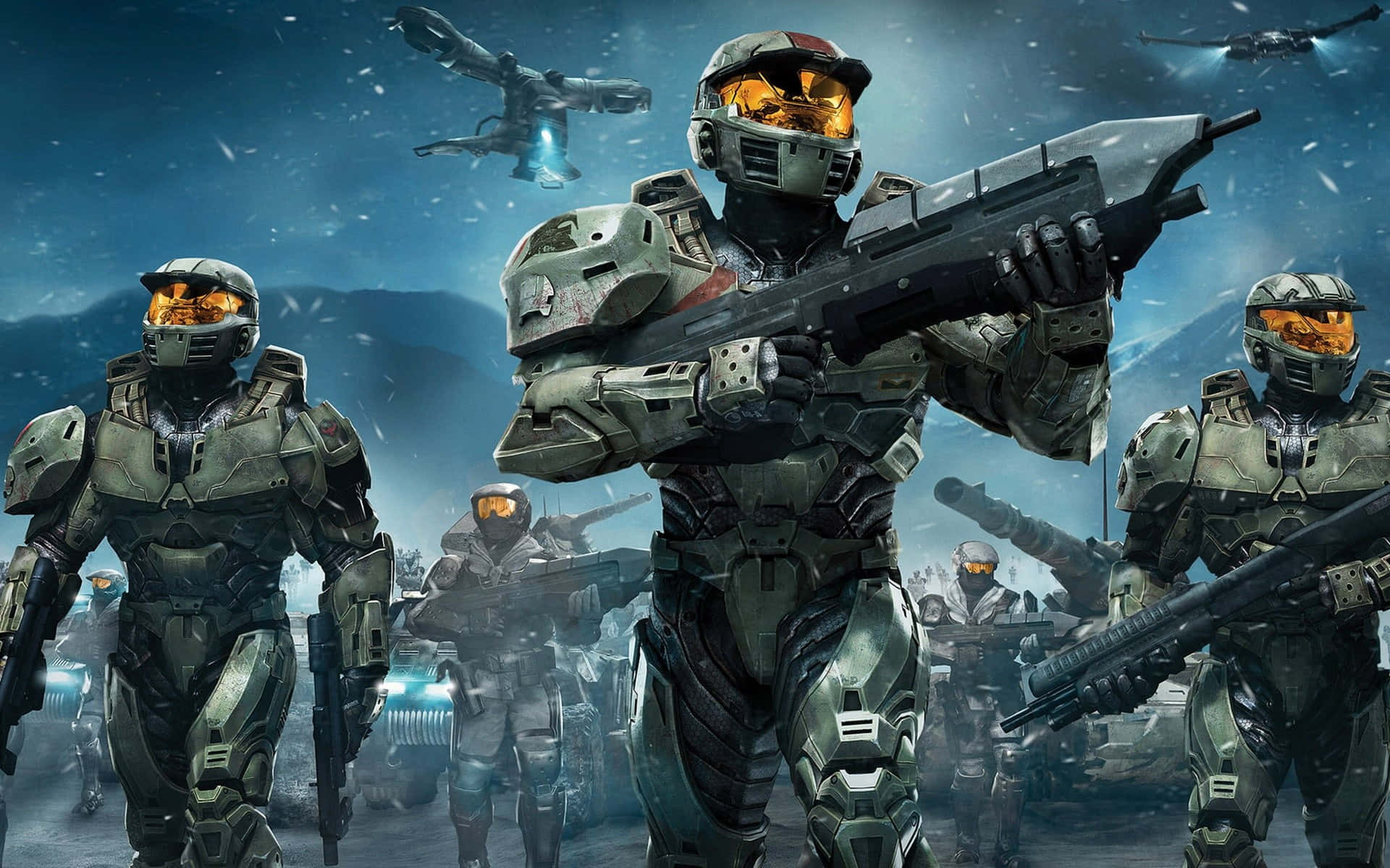 Halo Spartans, futuristic armor, stormy sky, Full HD Desktop Wallpaper