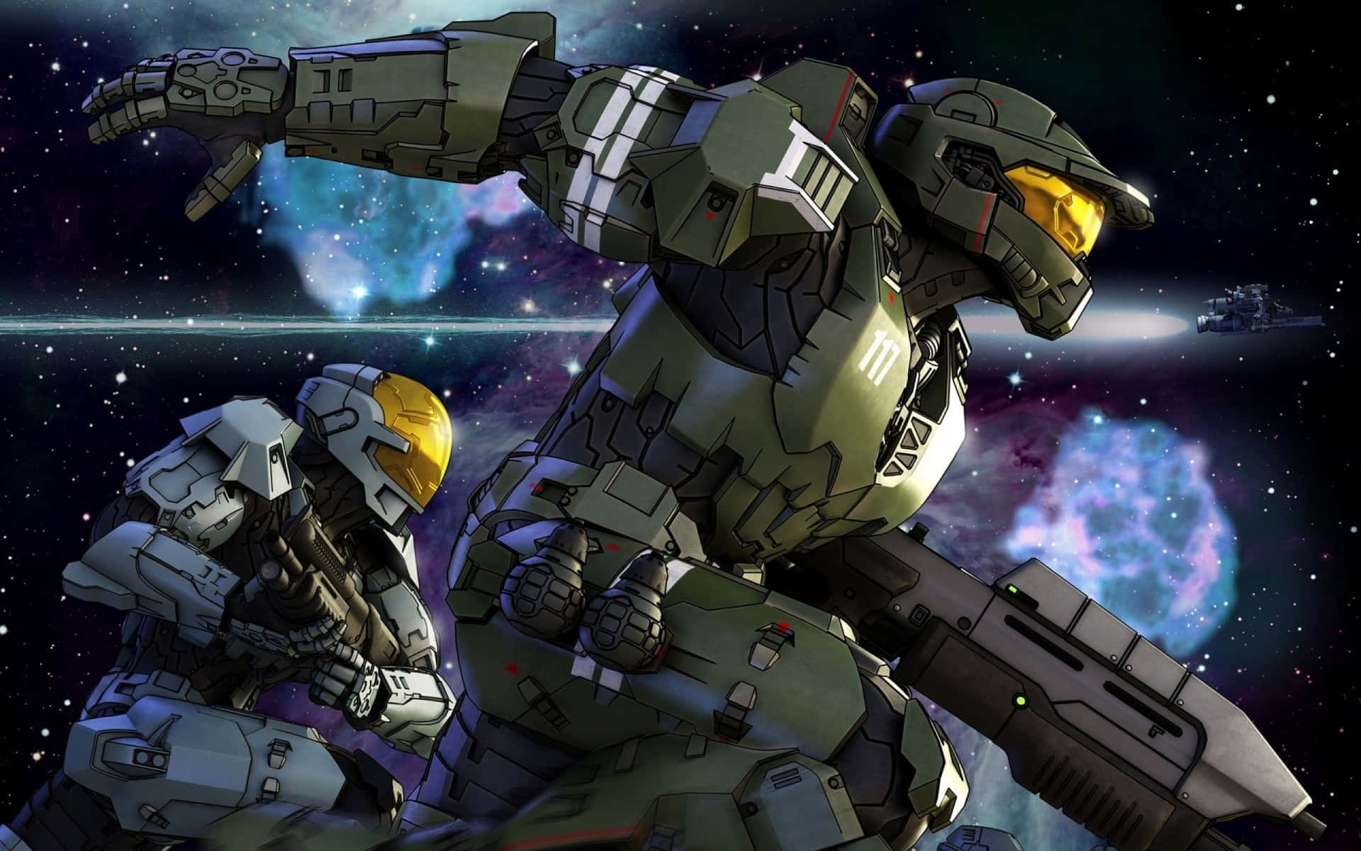 Halo Spartans, futuristic space gear, vibrant nebula, Full HD Desktop Wallpaper