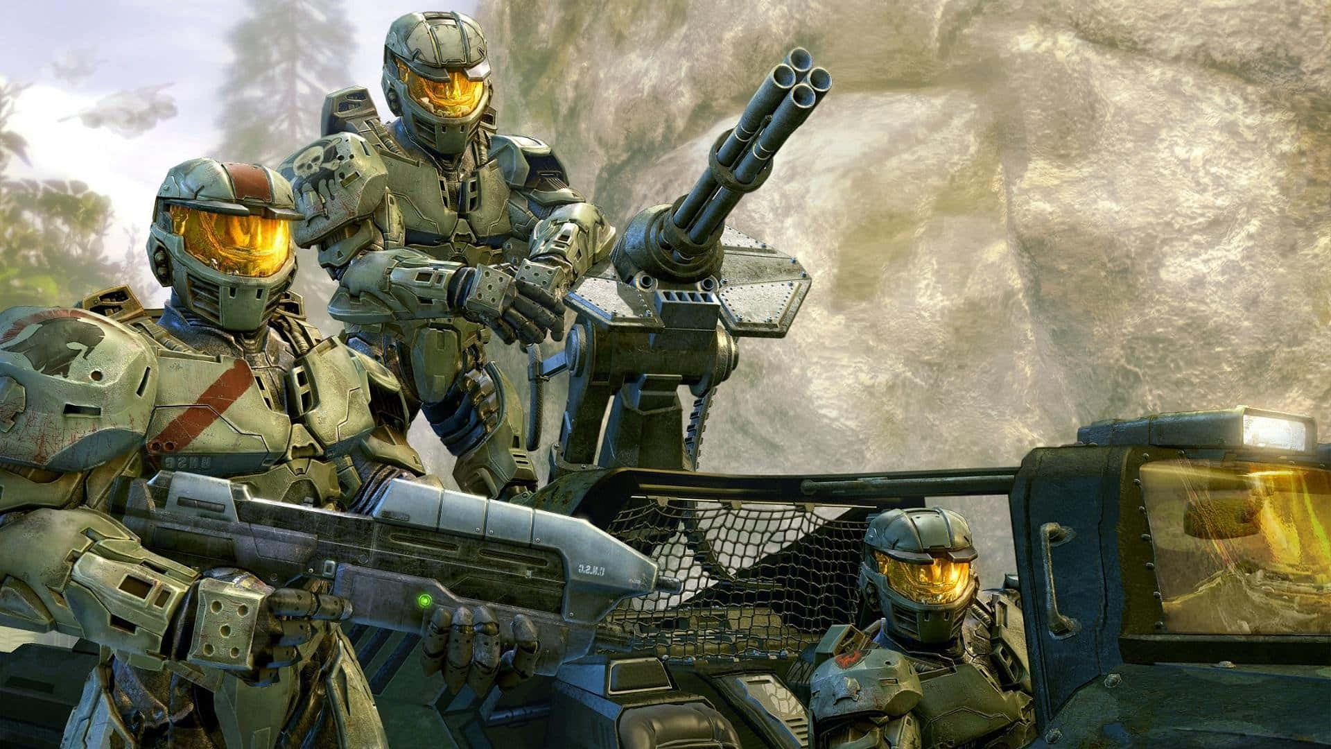 Halo Spartans, glowing orange visors, rocky outdoor setting, Full HD Desktop Wallpaper