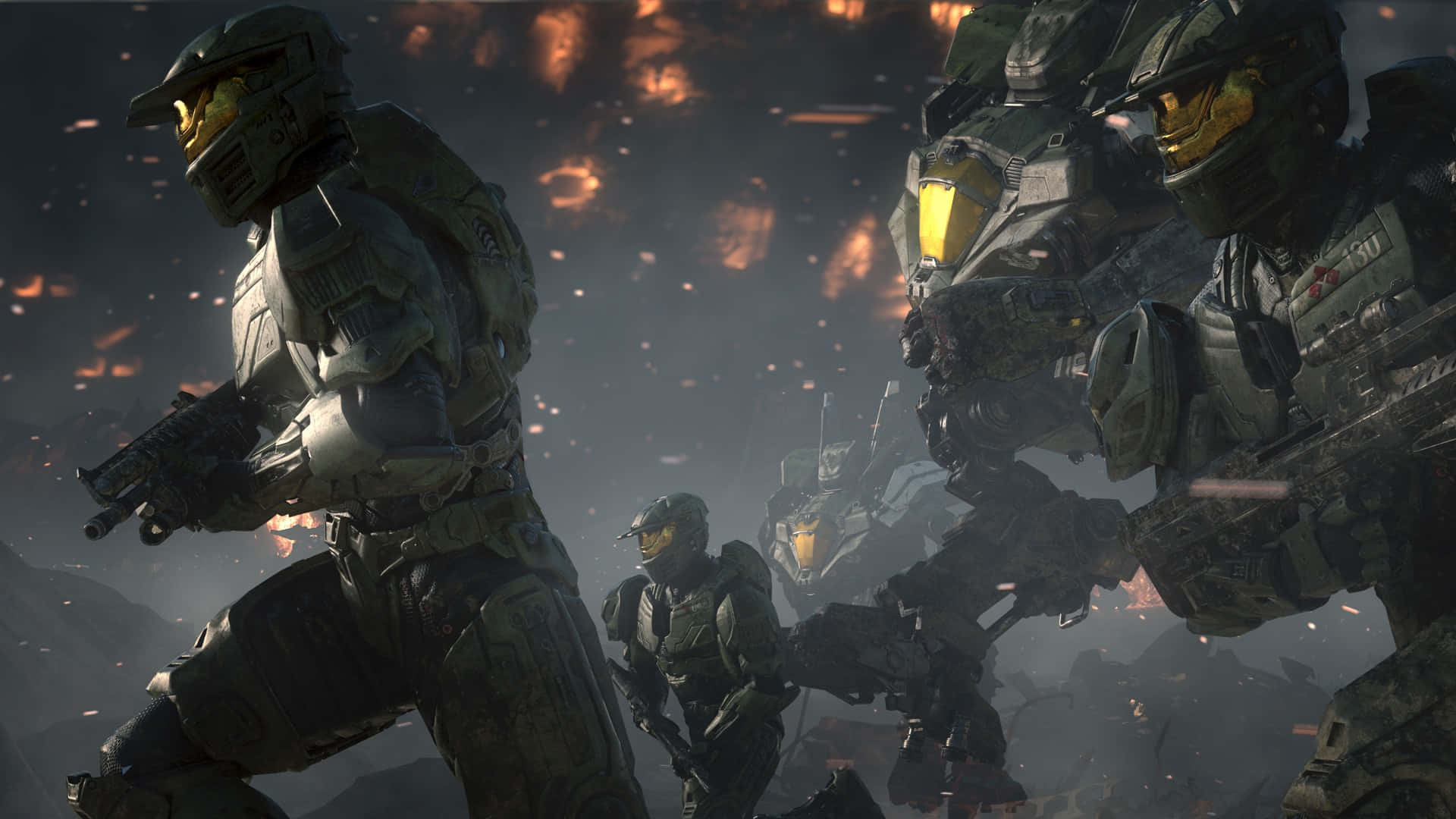 Halo Spartans, futuristic armor, fiery battlefield, Full HD Desktop Wallpaper