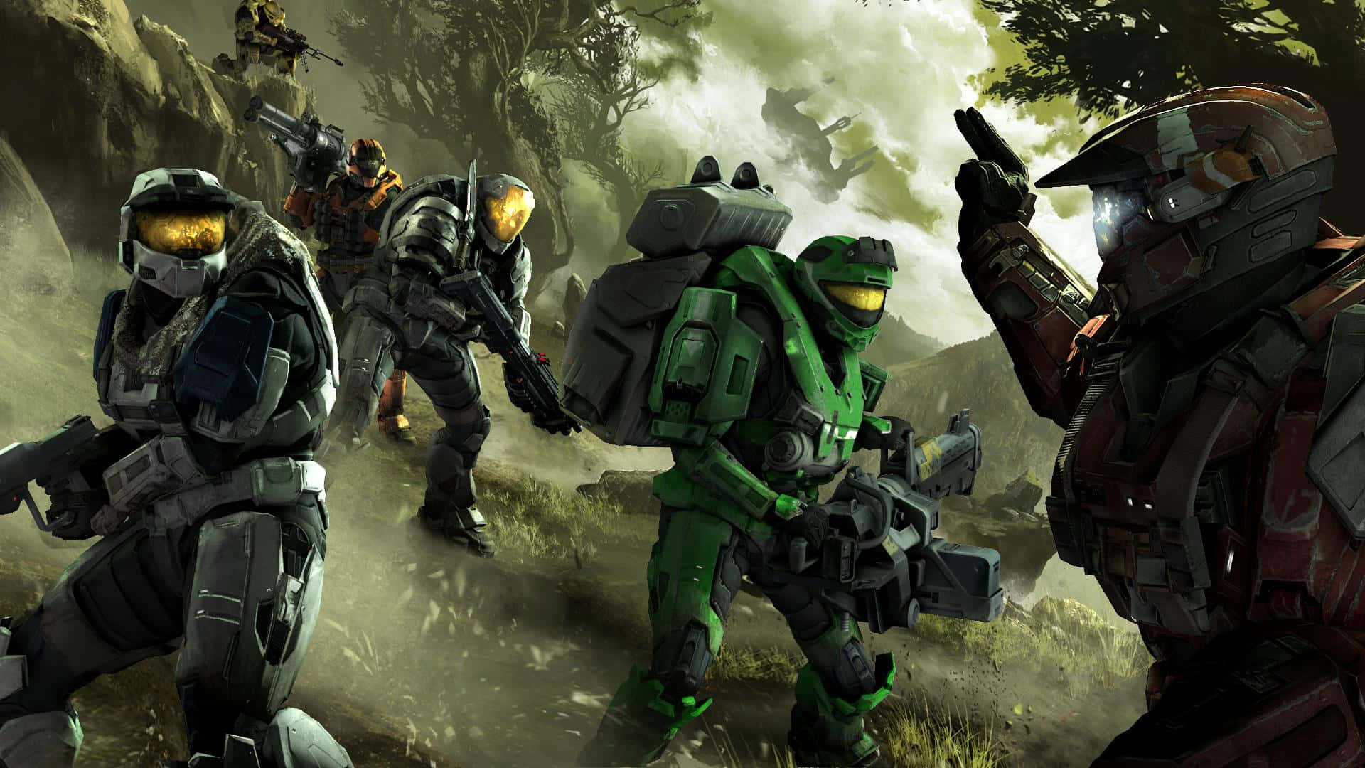 Halo Spartans, futuristic armor, dusty battlefield, Full HD Desktop Wallpaper