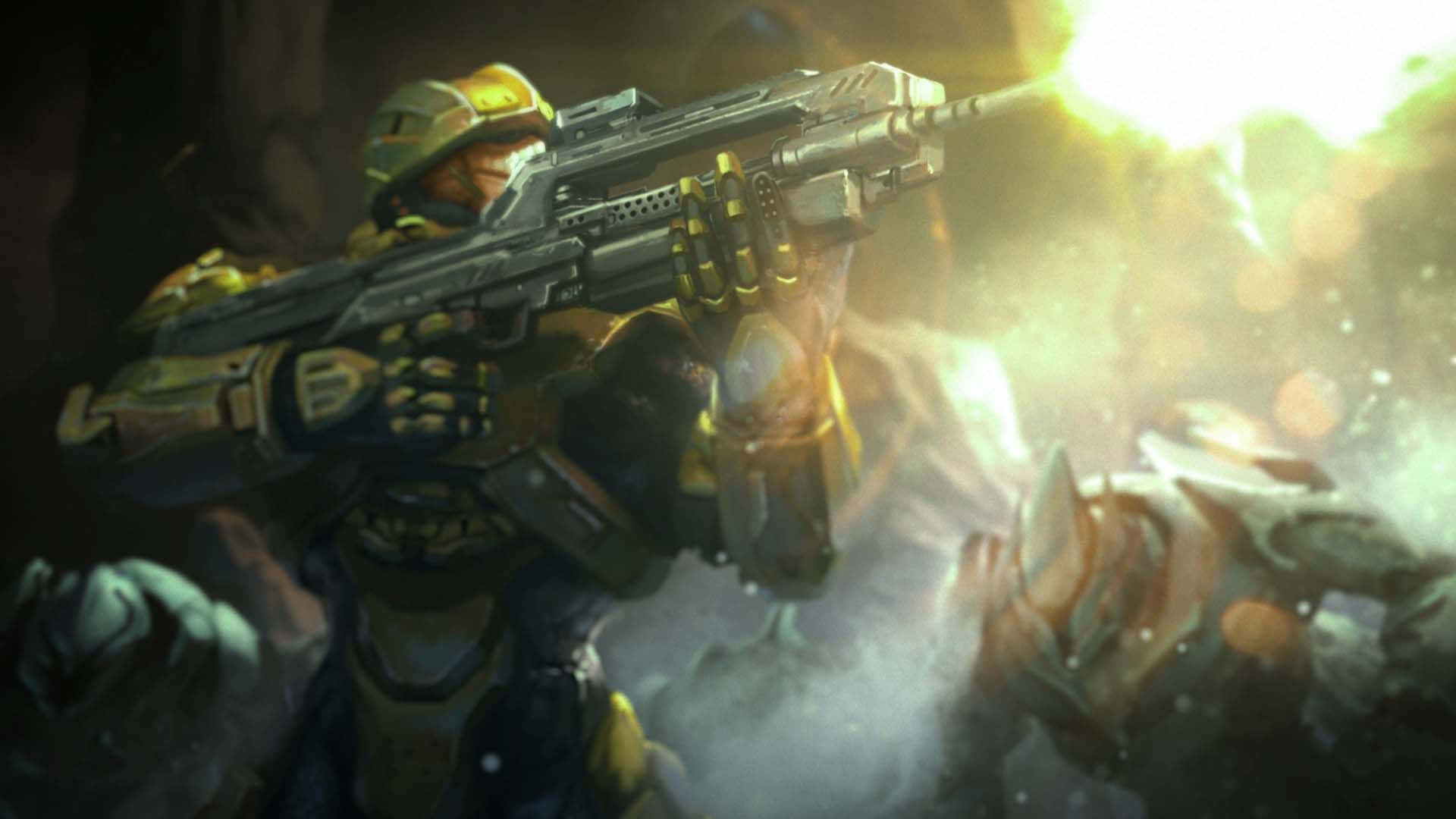 Halo Spartans, yellow and black armor, glowing weapon, Full HD Desktop Wallpaper