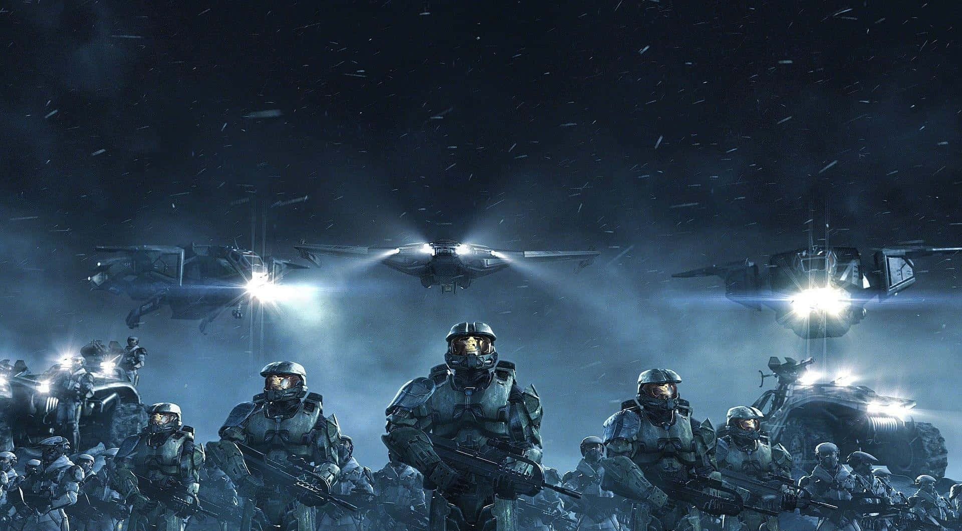 Halo Spartans, futuristic armor, glowing aircraft, Full HD Desktop Wallpaper