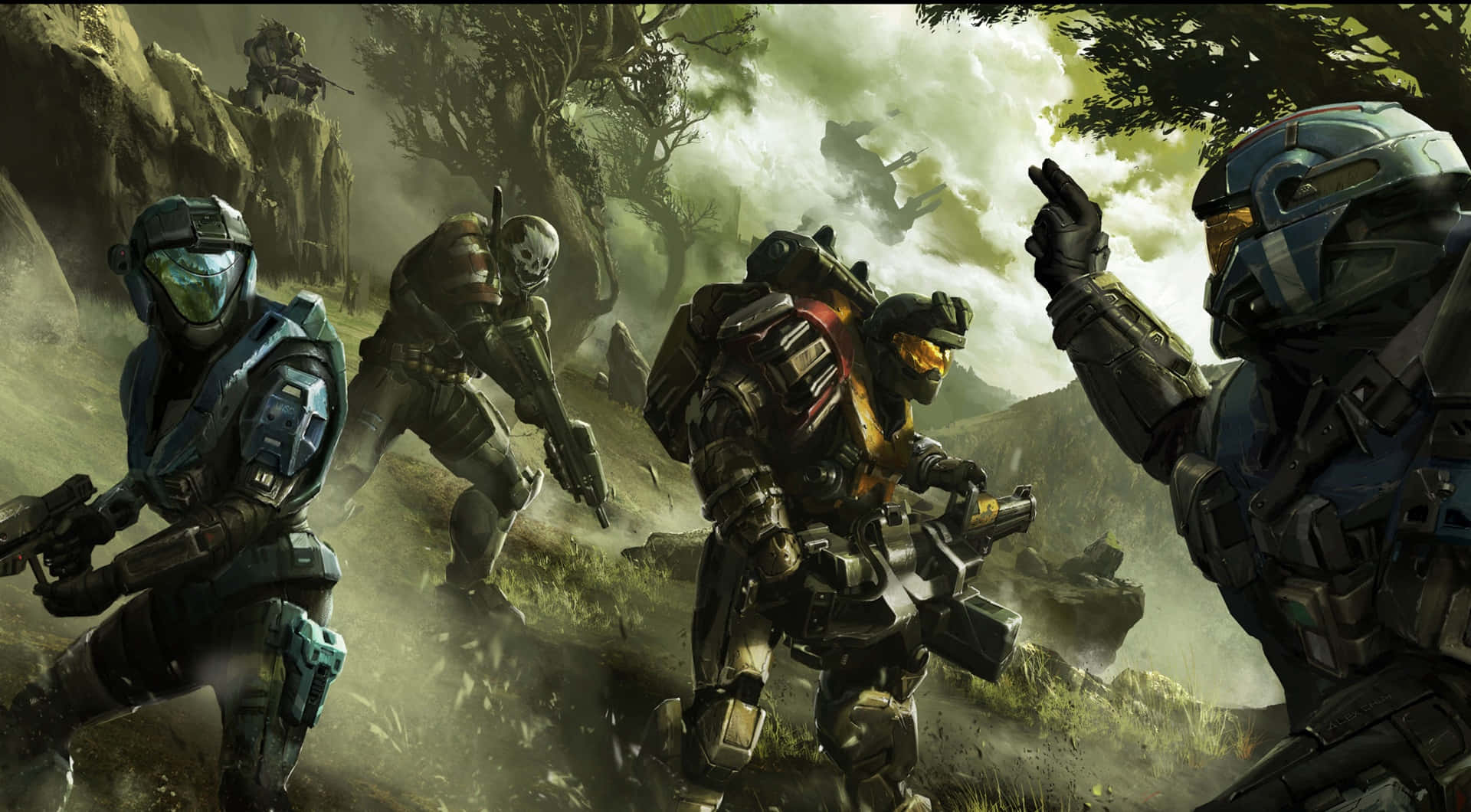 Halo Spartans, futuristic gear, misty forest battlefield, Full HD Desktop Wallpaper