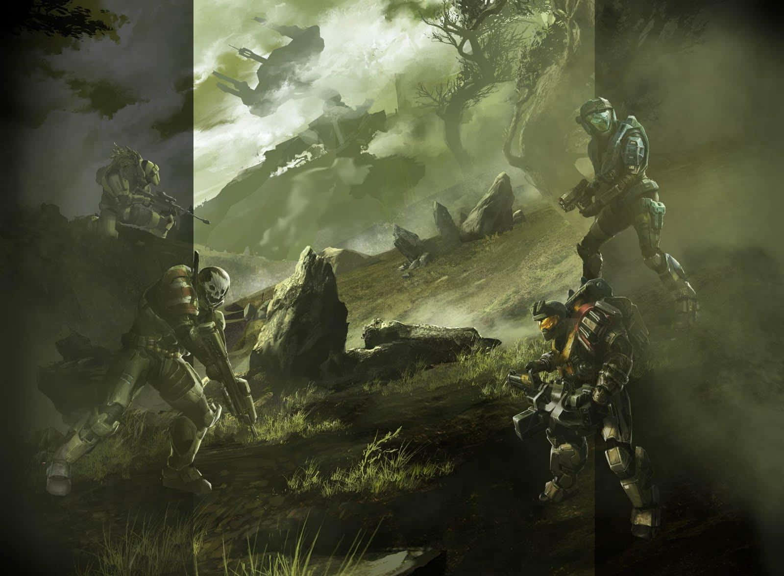 Halo Spartans, futuristic armor, misty rocky battlefield, HD Desktop Wallpaper