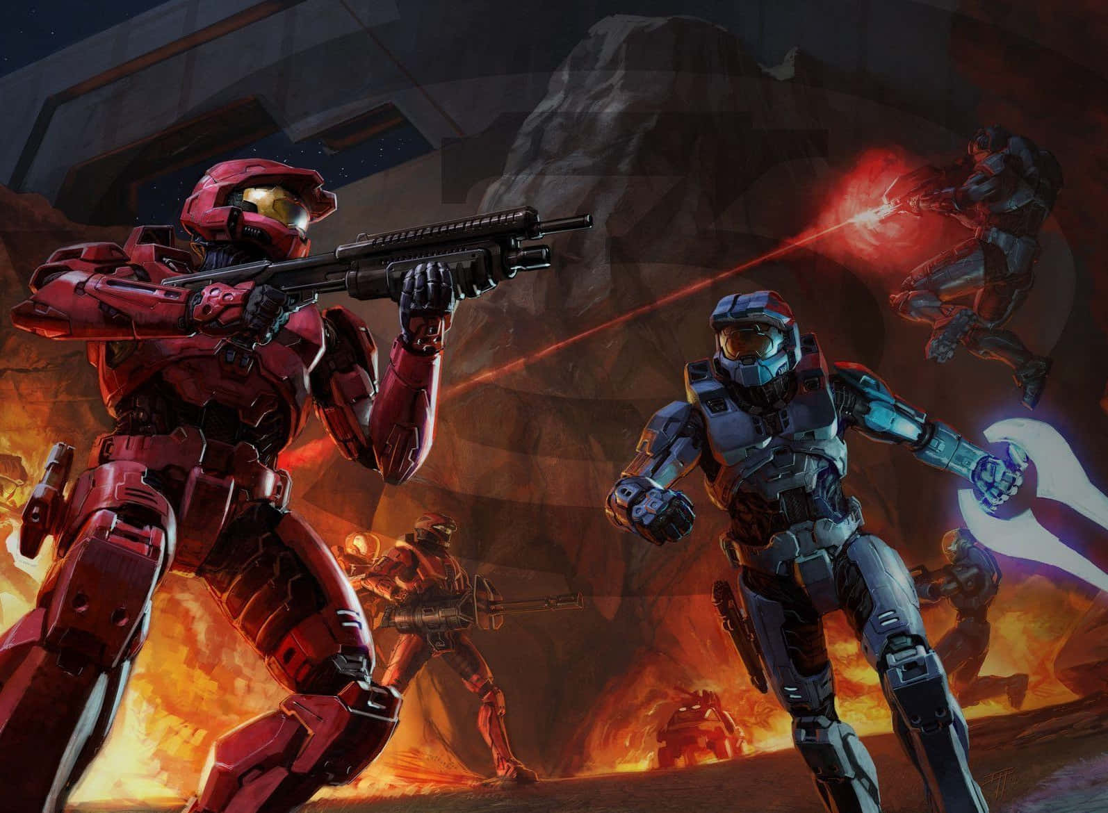 Halo Spartans, red and blue armor, fiery explosions, HD Desktop Wallpaper