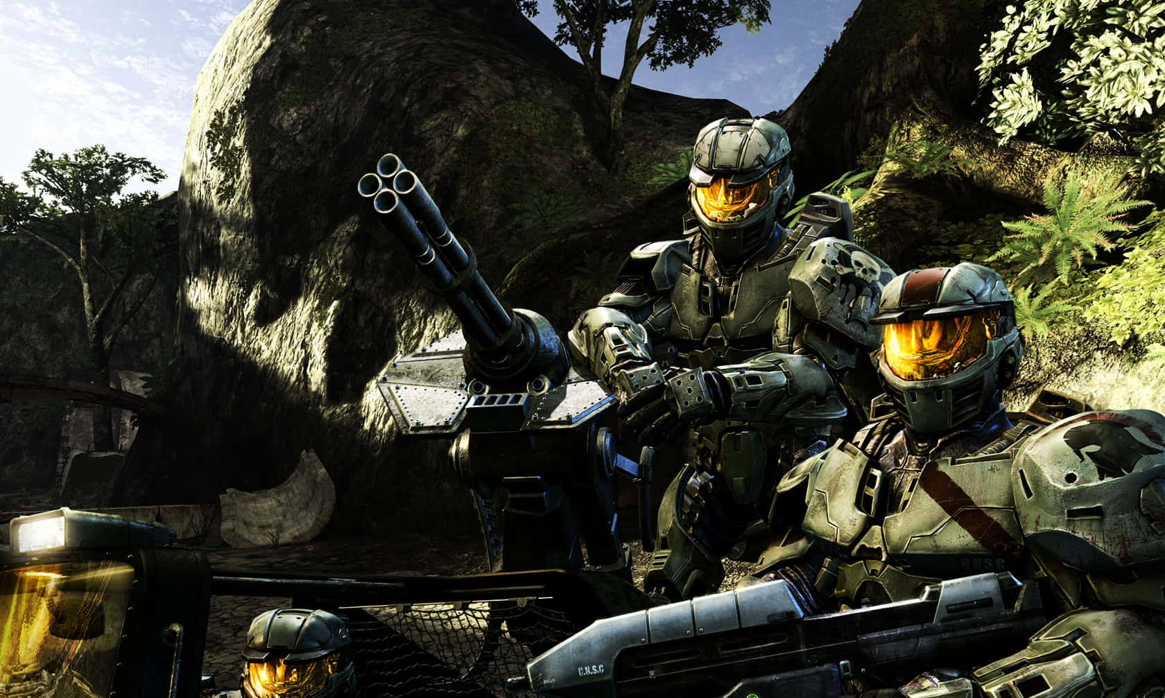 Halo Spartans, glowing orange visors, rocky jungle clearing, HD Desktop Wallpaper