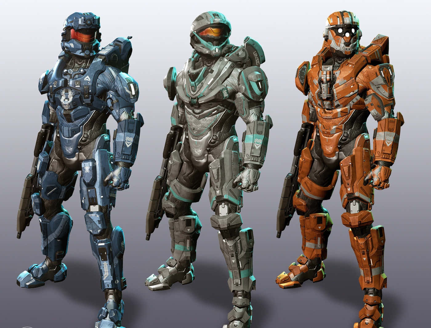 Halo Spartans, futuristic combat gear, three armored soldiers, HD Desktop Wallpaper