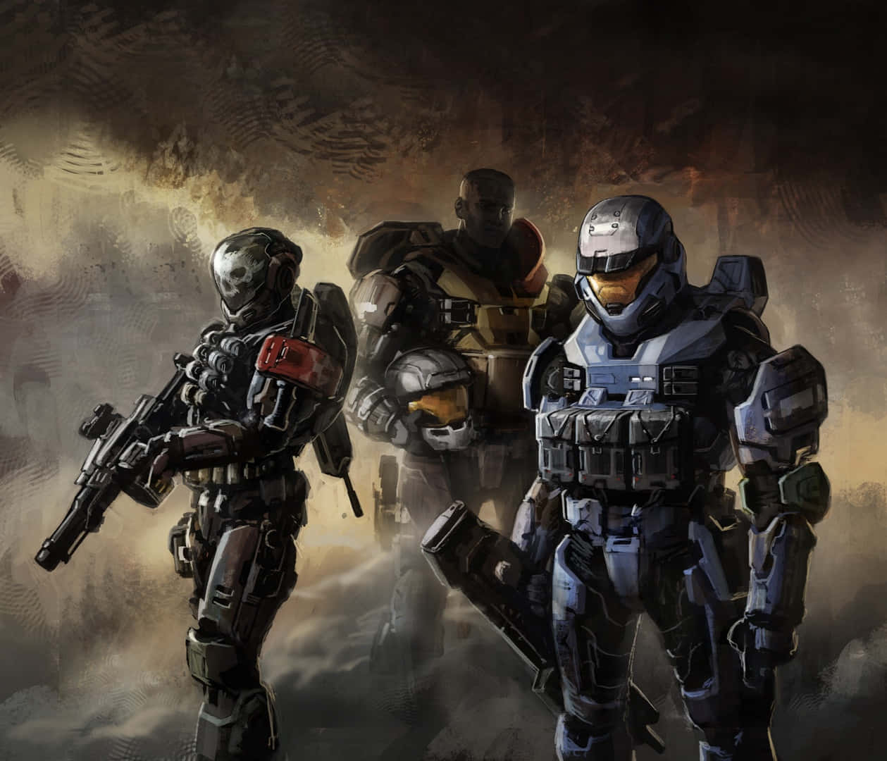 Halo Spartans, armored soldiers, smoky battlefield, SD Desktop Wallpaper
