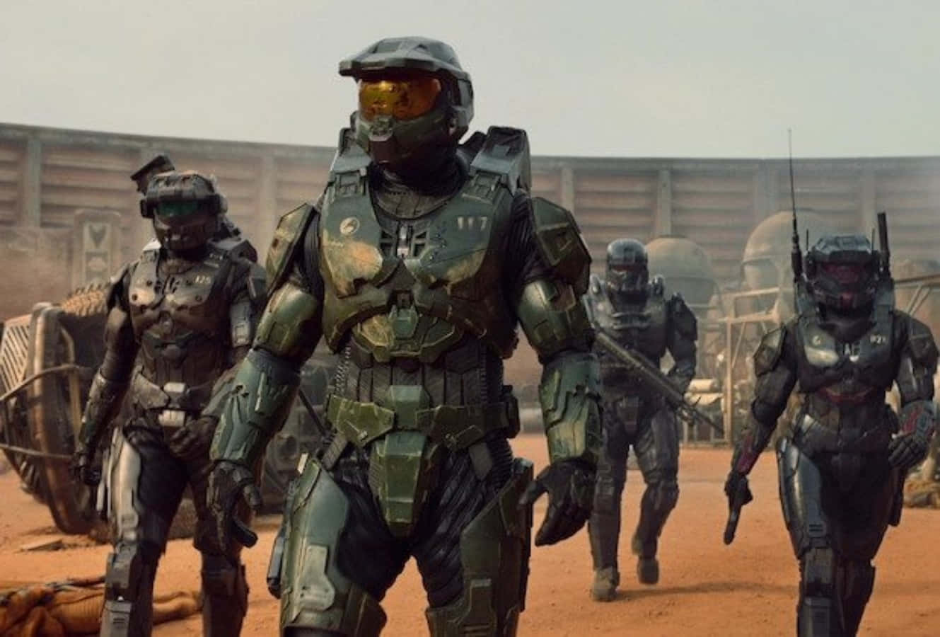 Halo Spartans, green armored suits, dusty alien battlefield, HD Desktop Wallpaper