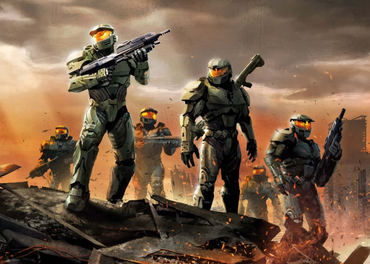 Halo Spartans, green armor, rubble, SD Desktop Wallpaper