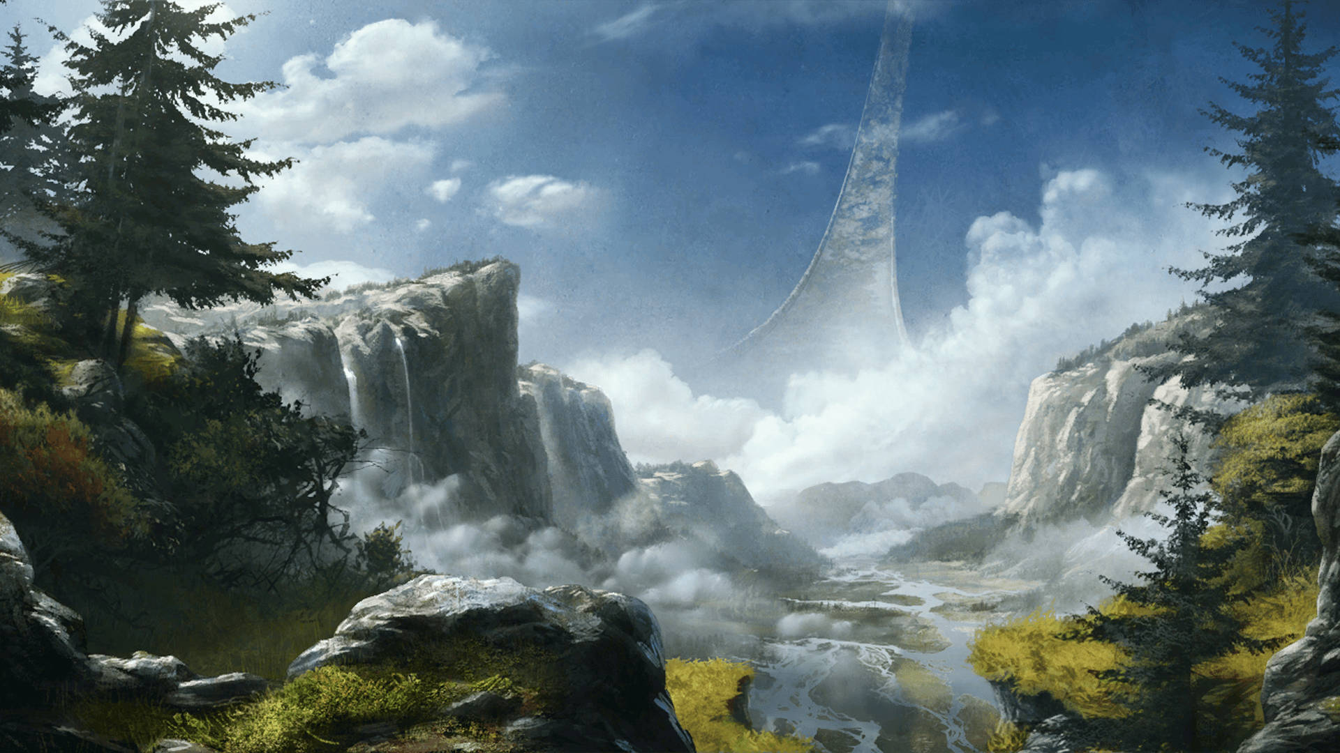 Halo, mountain ranges, valley, Full HD Desktop Wallpaper