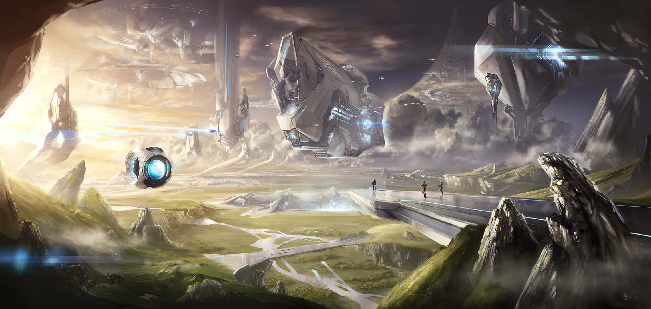 Halo, futuristic planet, floating spaceships, Full HD Desktop Wallpaper