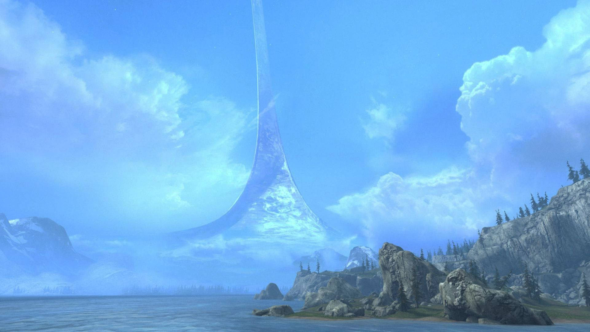 Halo, glowing blue monolith, rocky shoreline, Full HD Desktop Wallpaper