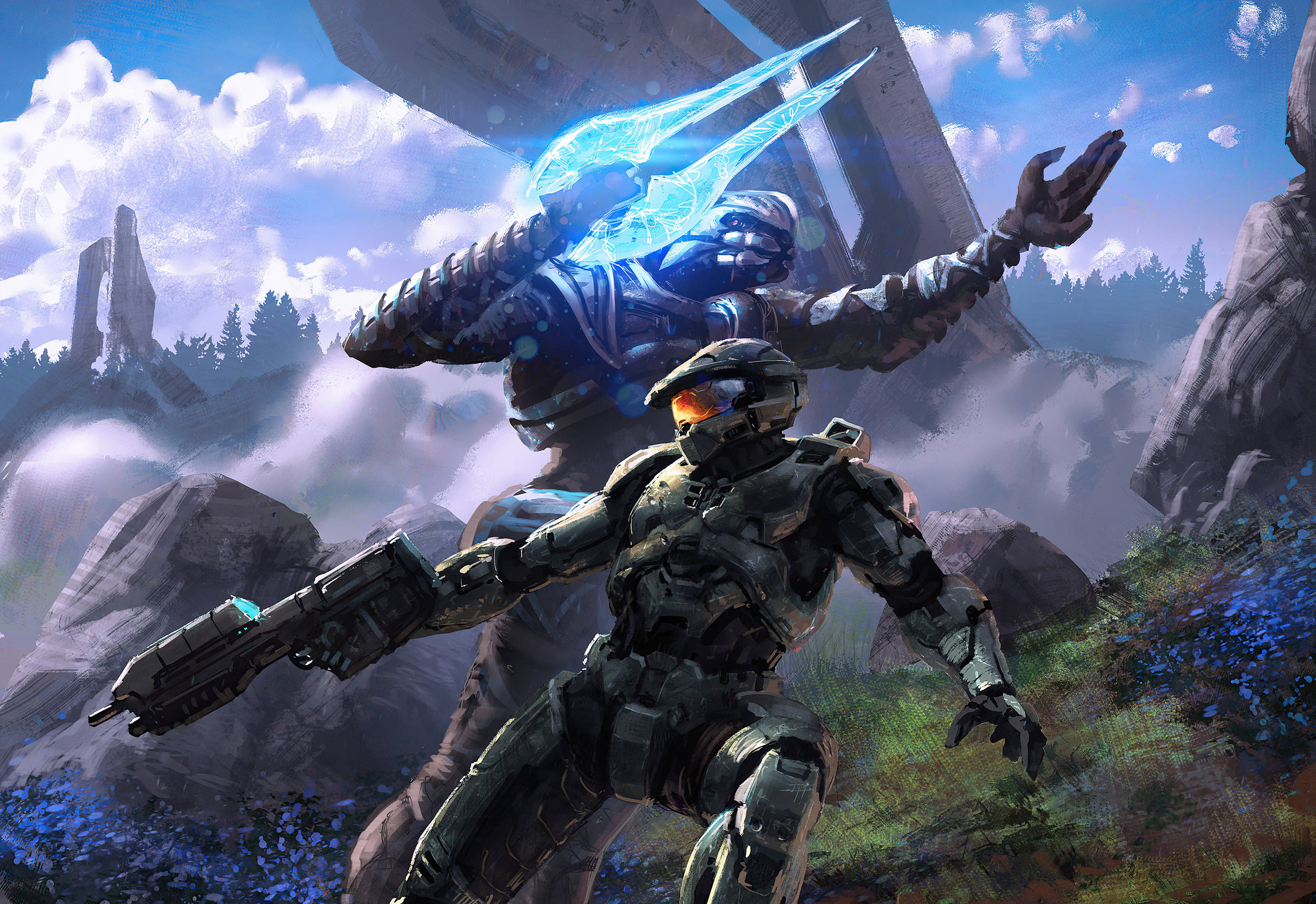 Halo, futuristic armor, glowing blue energy sword, 4K Desktop Wallpaper