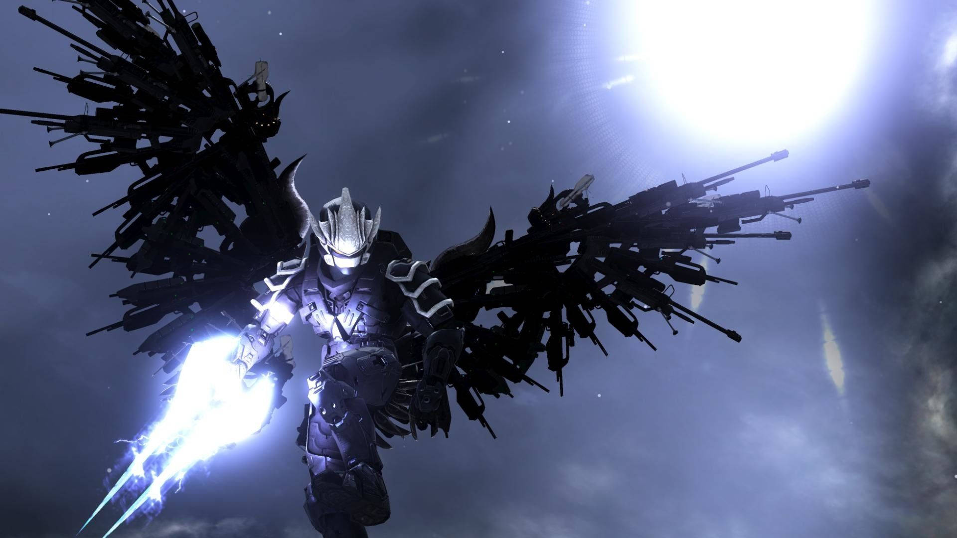 Halo, black soldier, wings made of firearms, Full HD Desktop Wallpaper