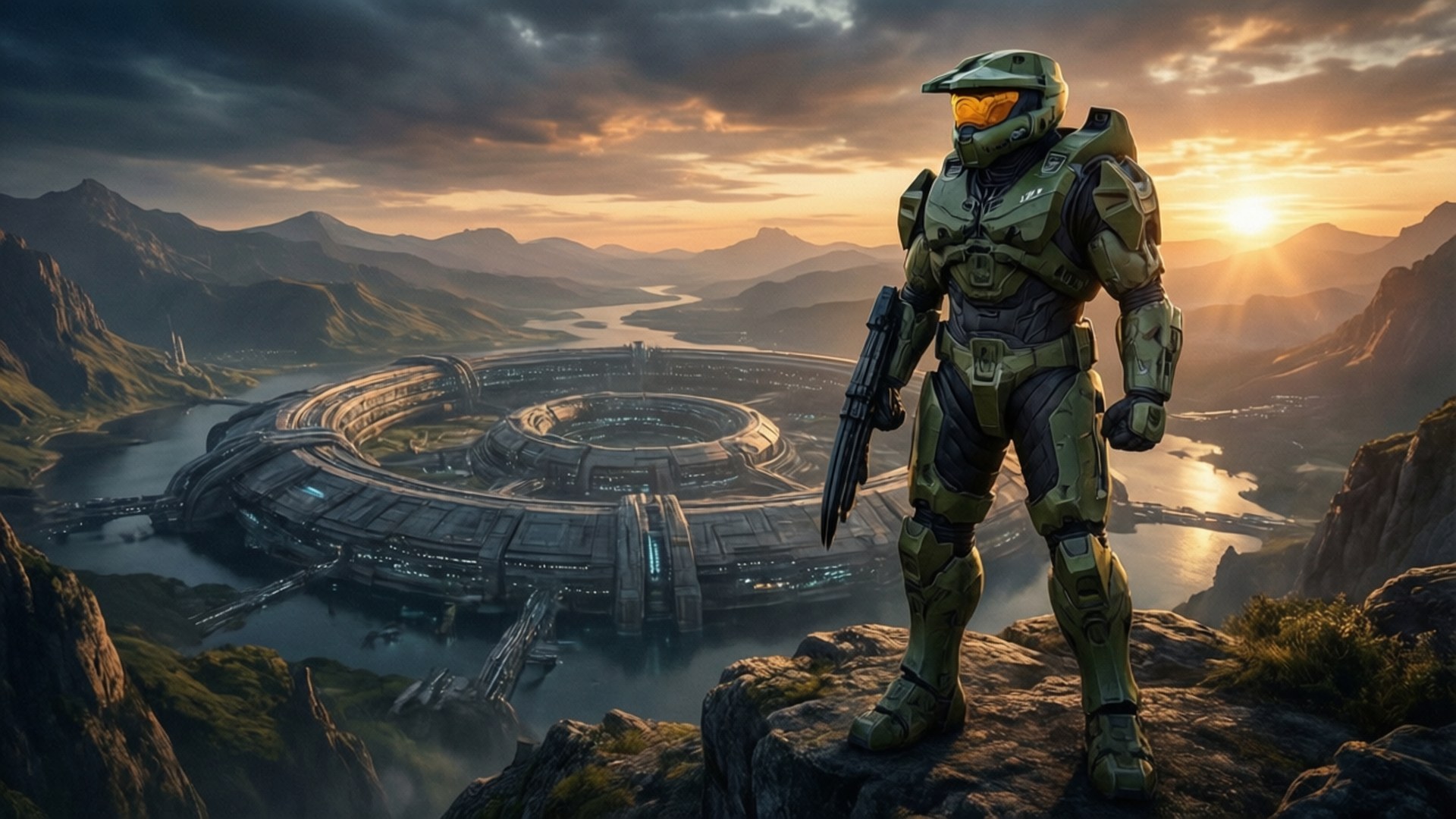 Halo Ring, sunset, green armor, Full HD Desktop Wallpaper