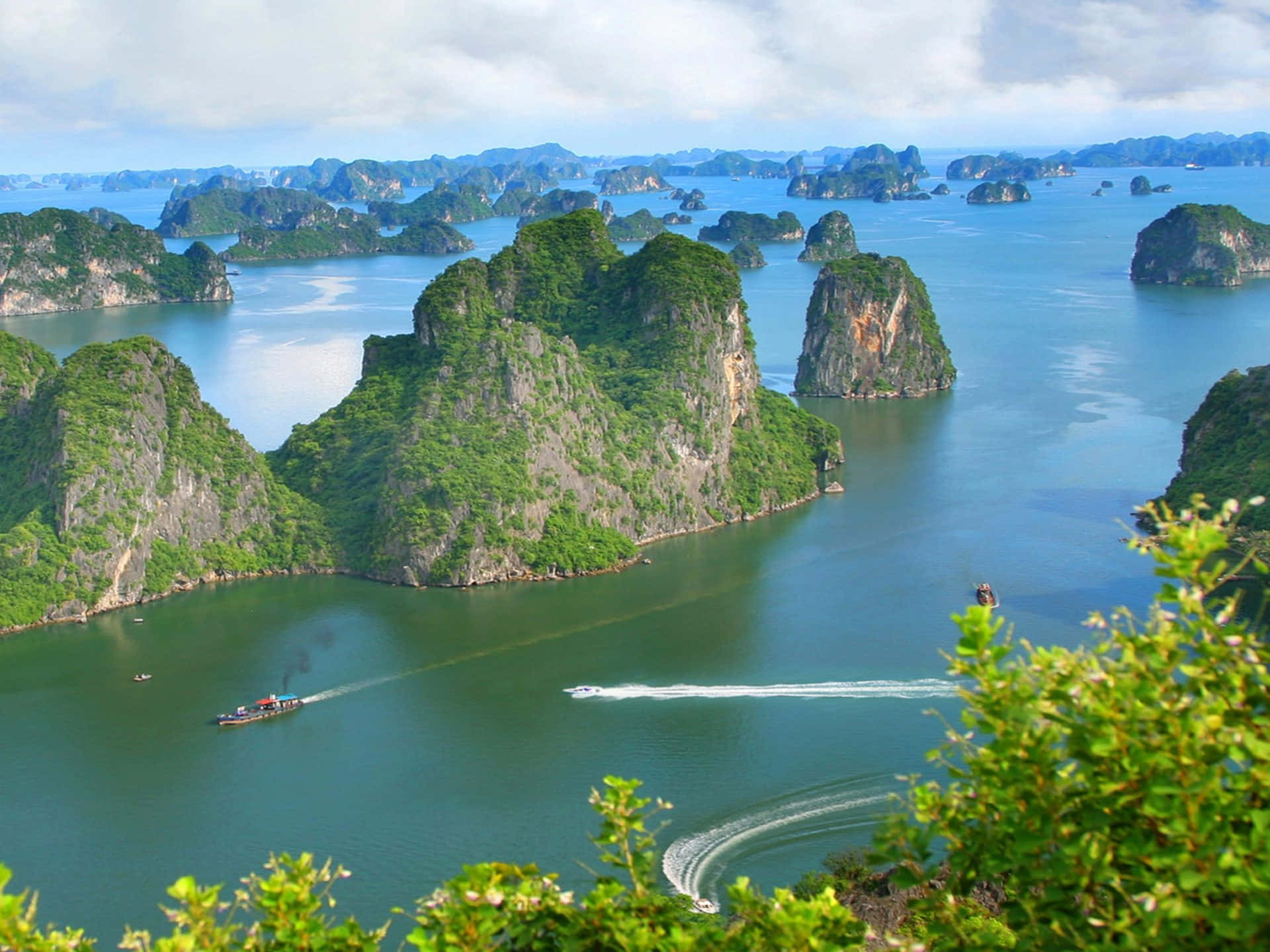 Halong Bay, emerald waters, lush green karst islands, Full HD Desktop Wallpaper
