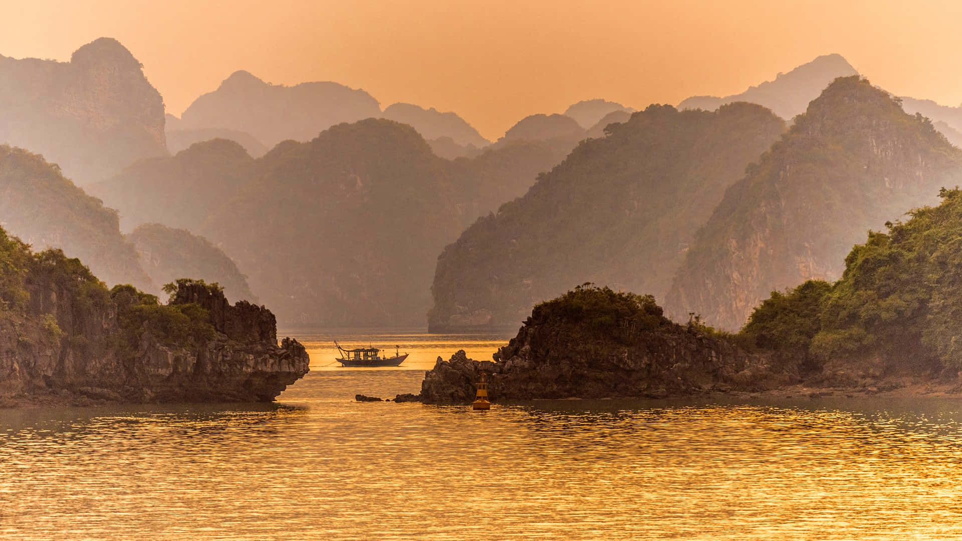 Halong Bay, sunset, golden waters, Full HD Desktop Wallpaper