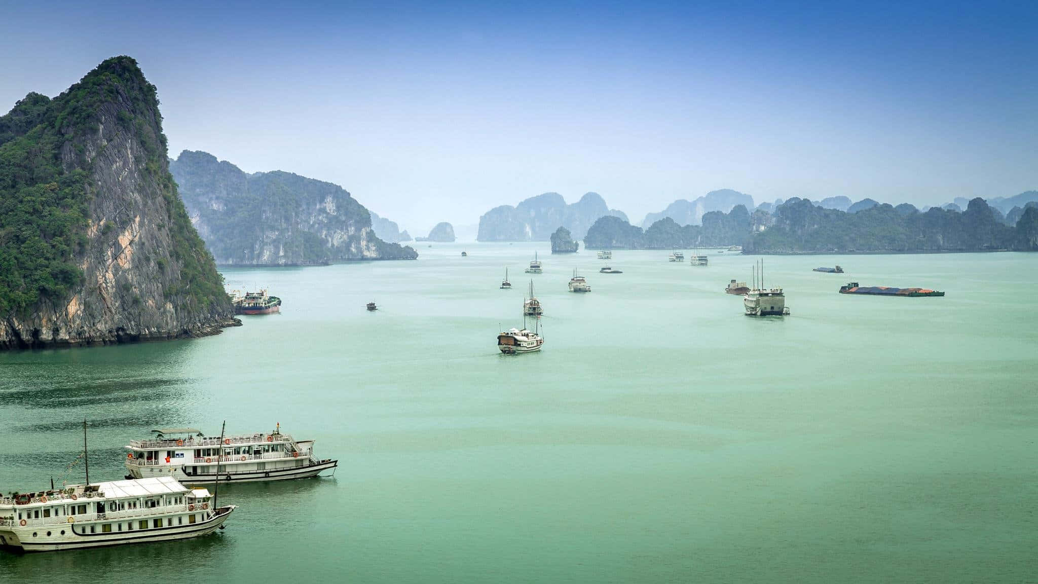 Halong Bay, turquoise bay, limestone karsts, Full HD Desktop Wallpaper