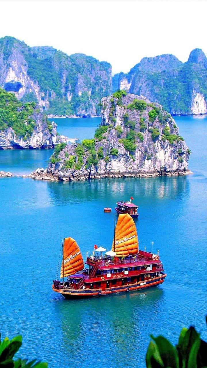 Halong Bay, red cruise ship, orange sails, HD Phone Wallpaper