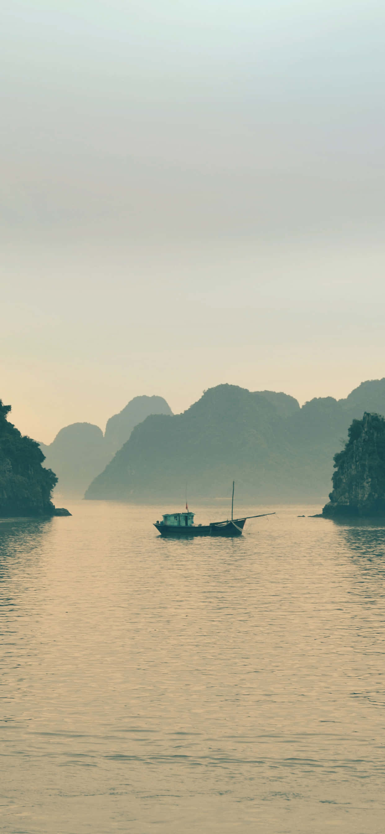 Halong Bay, fishing boat, calm waters, 2K Phone Wallpaper