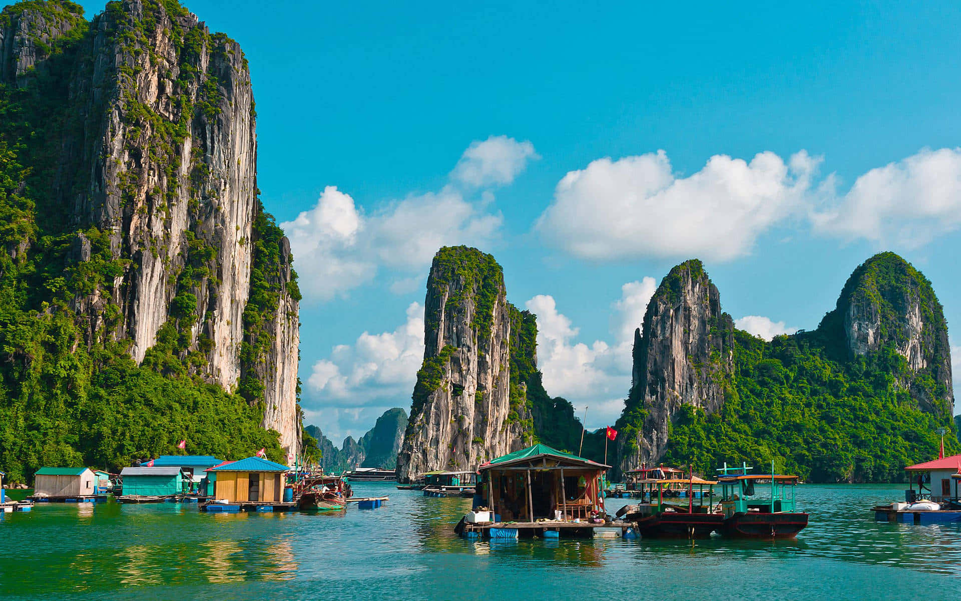 Halong Bay, floating villages, limestone karsts, Full HD Desktop Wallpaper