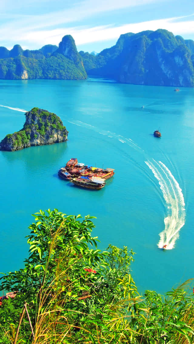 Halong Bay, turquoise waters, lush green karst islands, SD Phone Wallpaper