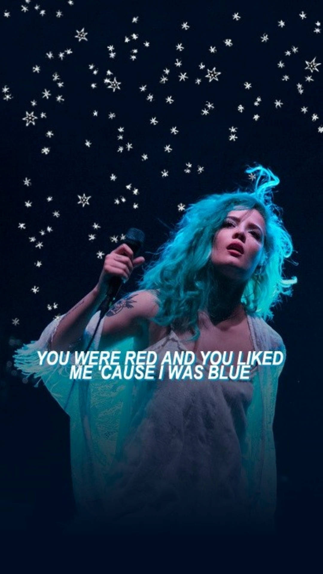 Halsey, glowing blue hair, starry night sky, Full HD Phone Wallpaper
