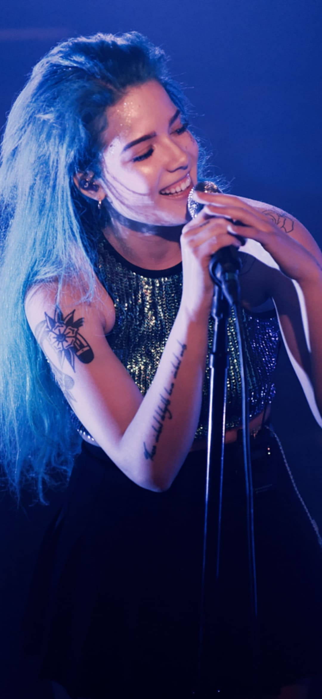 Halsey, blue hair, tattoos, Full HD Phone Wallpaper