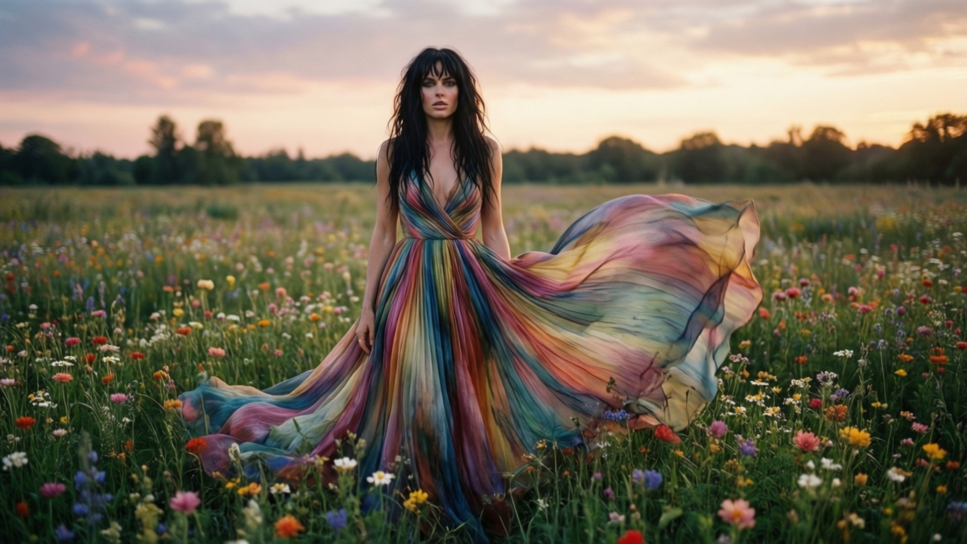 Halsey, flower field, rainbow dress, Full HD Desktop Wallpaper