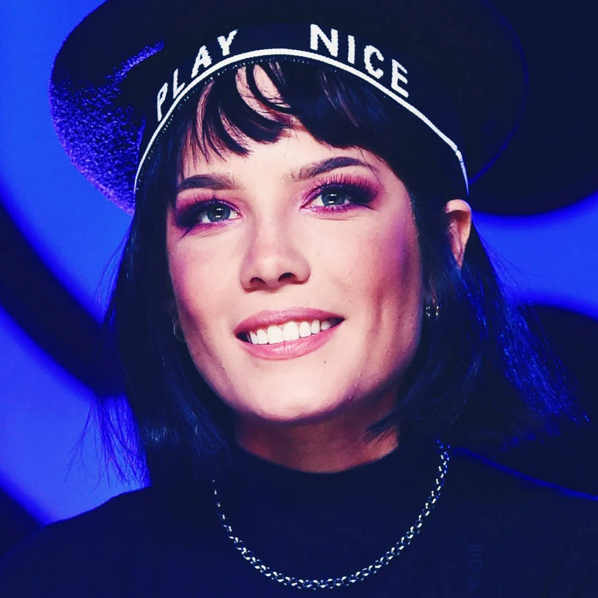 Halsey, black hat, white 'PLAY NICE' text, Full HD Desktop Wallpaper