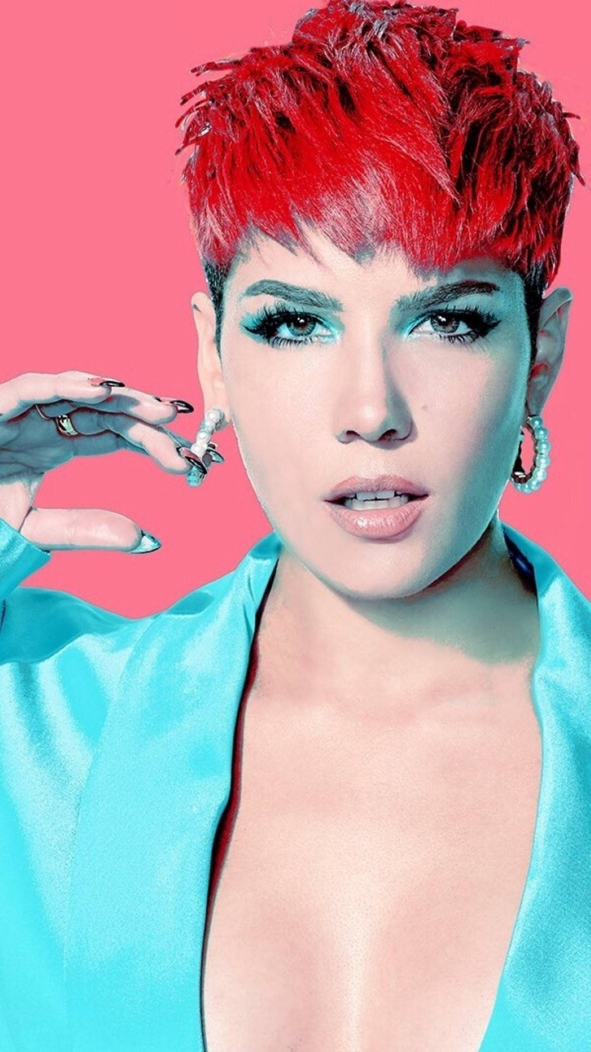 Halsey, red hair, turquoise makeup, Full HD Phone Wallpaper