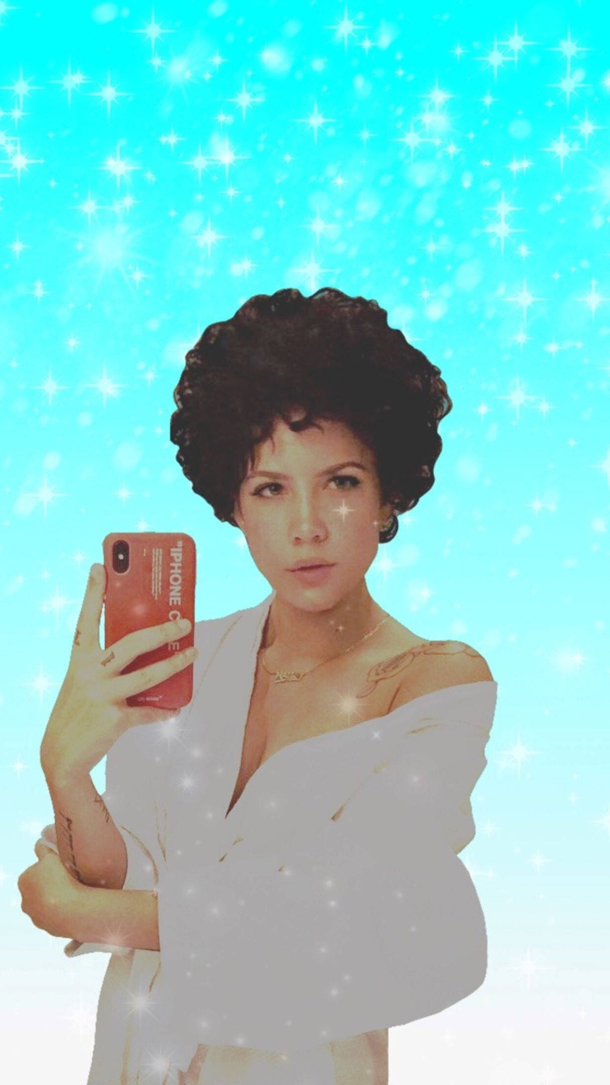 Halsey, voluminous afro, sparkling cyan background, Full HD Phone Wallpaper
