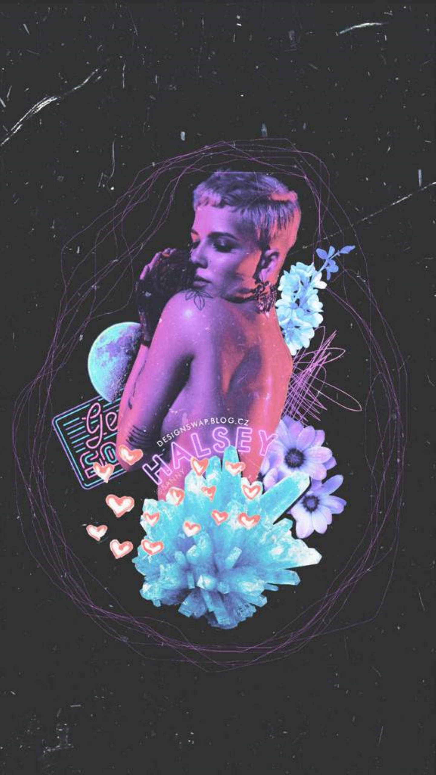 Halsey, glowing purple skin, flowers, 2K Phone Wallpaper