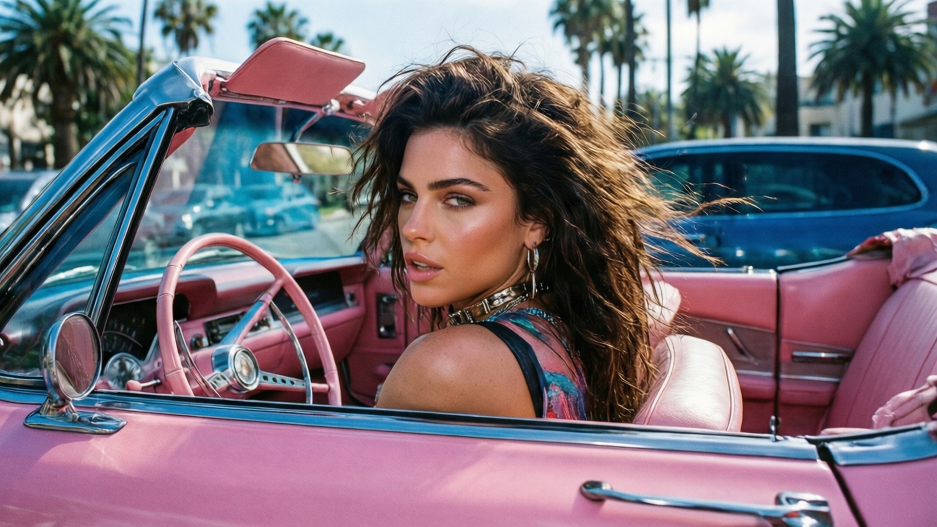 Halsey, retro ride, vintage pink convertible, Full HD Desktop Wallpaper