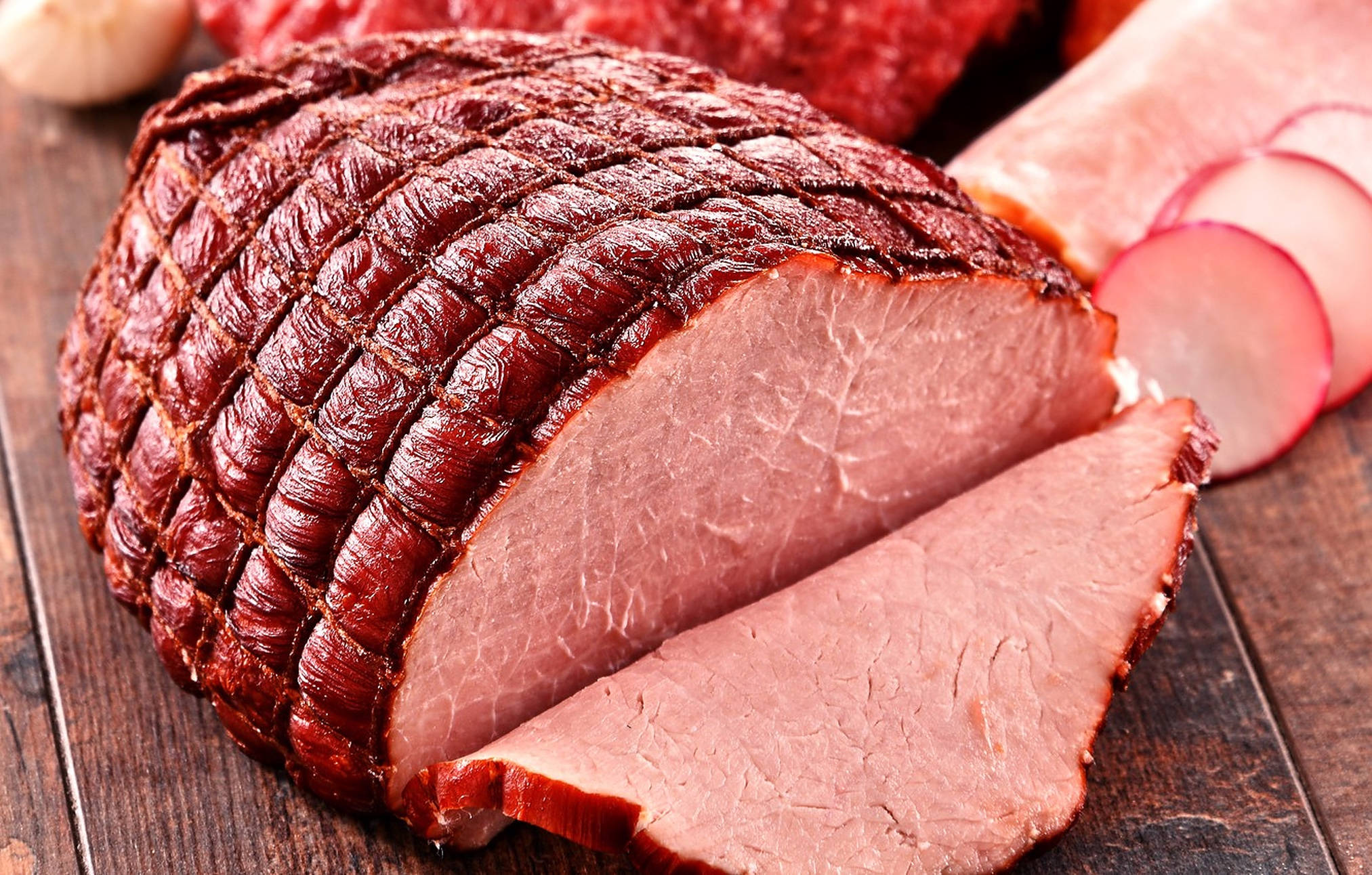 baked ham, glazed roasted ham, tender pink meat, Full HD Desktop Wallpaper