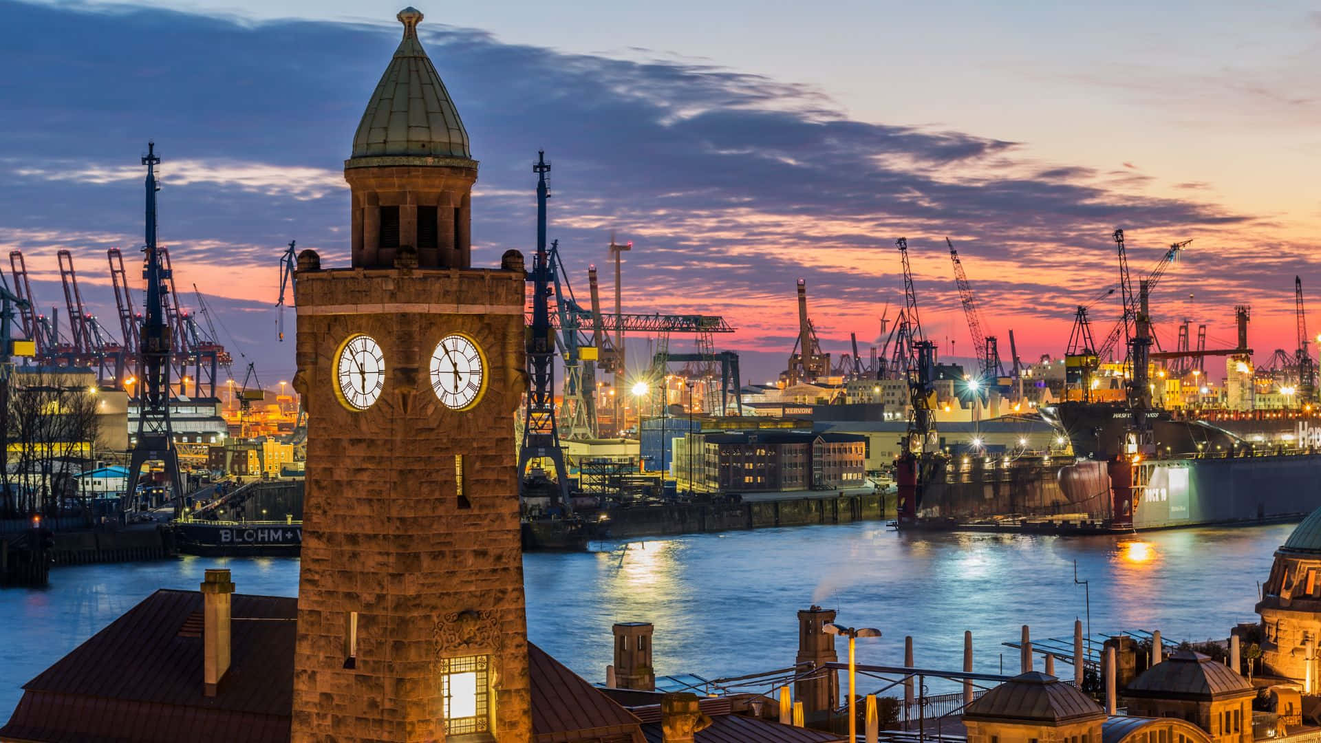 Hamburg, clock tower, sunset, Full HD Desktop Wallpaper