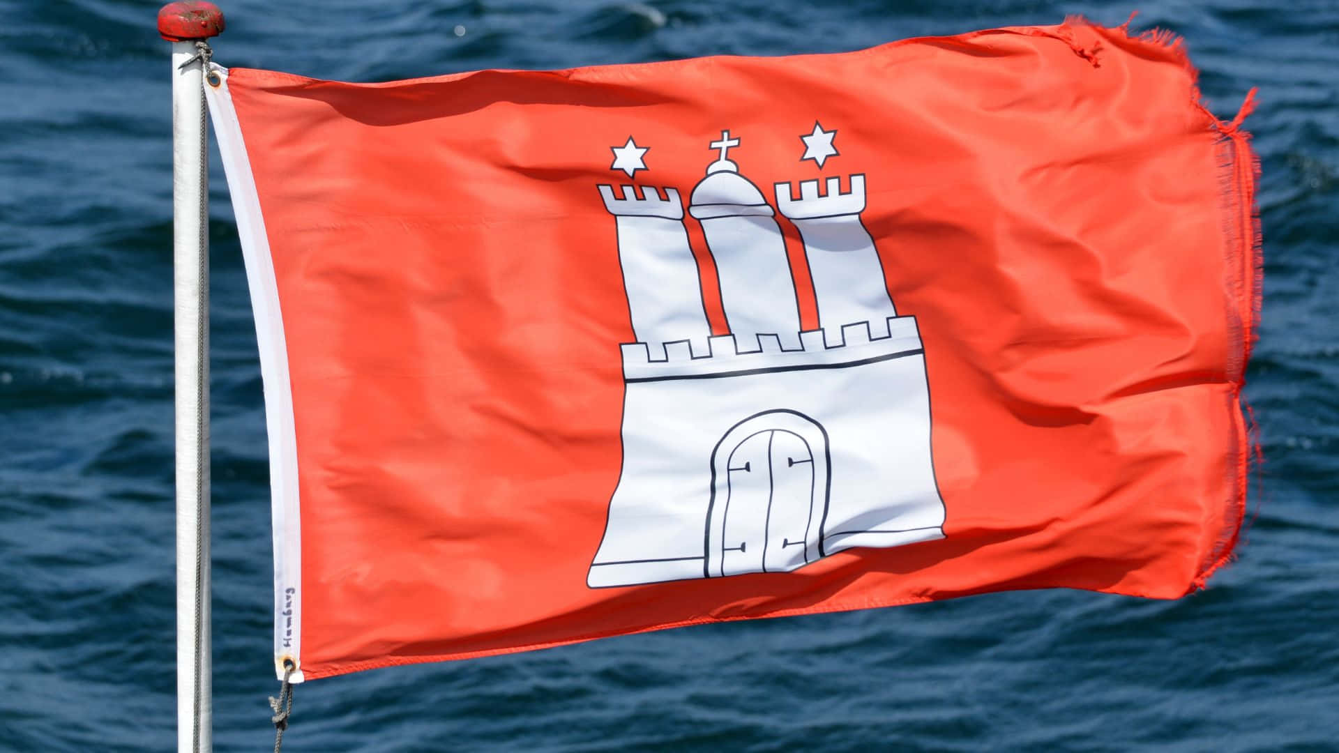 Hamburg, red flag, white castle emblem, Full HD Desktop Wallpaper