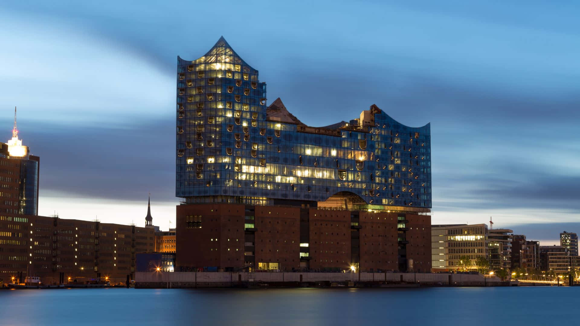 Hamburg, twilight, dusky blue sky, Full HD Desktop Wallpaper